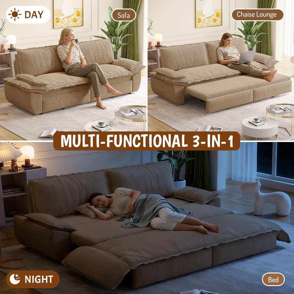 73.2' Sleeper Sofa Bed Queen, 3-in-1 Convertible Couch, Modern Pull Out Couches, Comfy Corduroy Futon Sofa, Cloud Loveseat Lounge, Pillow Arm for Small Spaces, Living Room, Apartment, Camel