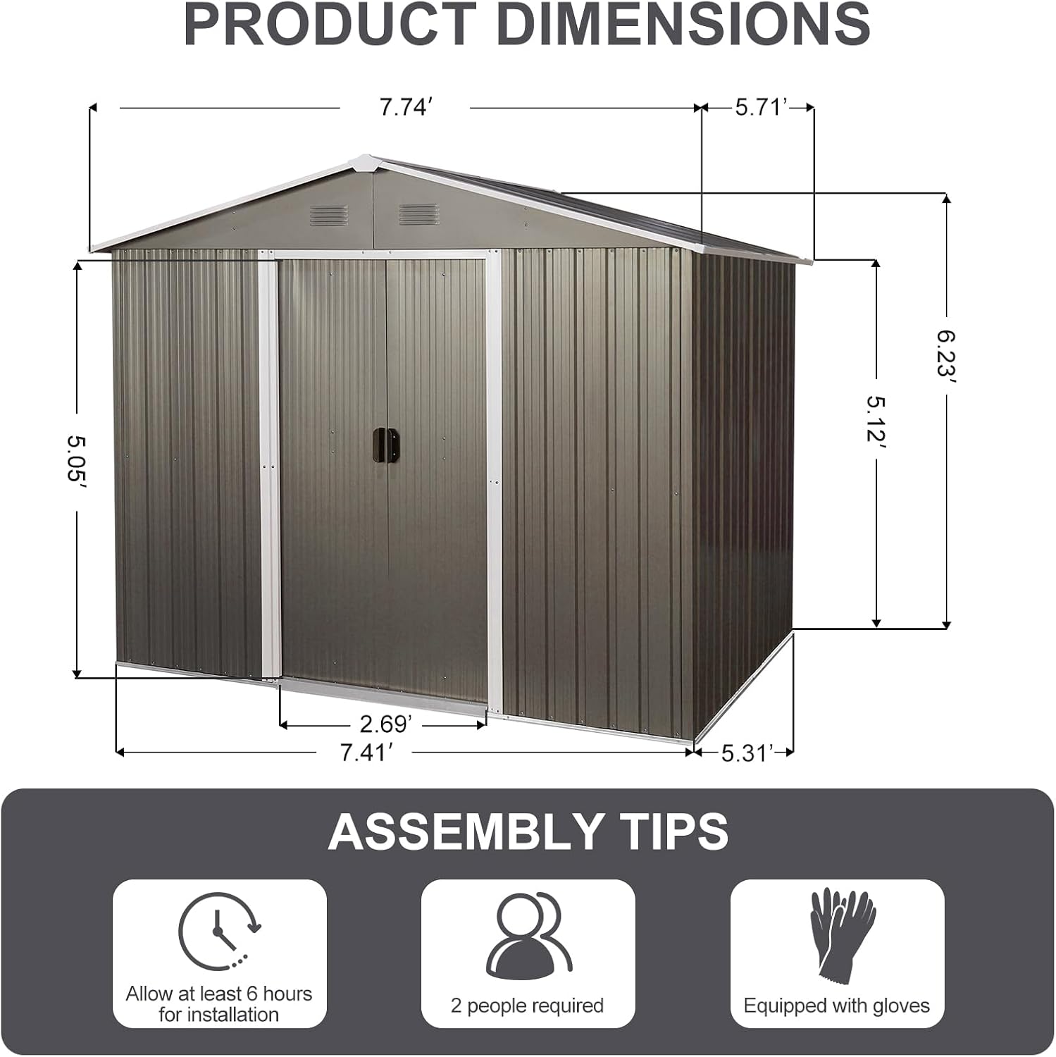 8 x 6 FT Outdoor Storage Shed, Metal Garden Shed with Floor Frame, Large Tool Shed Outdoor Storage with Lockable Sliding Doors & Air Vents, Storage House Waterproof for Backyard, Lawn, Gray