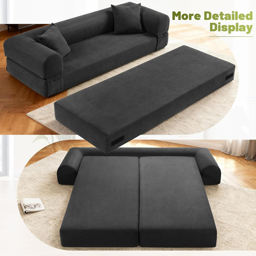 Convertible Futon Sofa Bed,80' Folding Pull Out Couch Bed with Pillows & Storage,Queen Sleeper Sofa Bed,Compressed Couch in a Box,Corduroy Boneless Couches for Living Room,Deep Gray