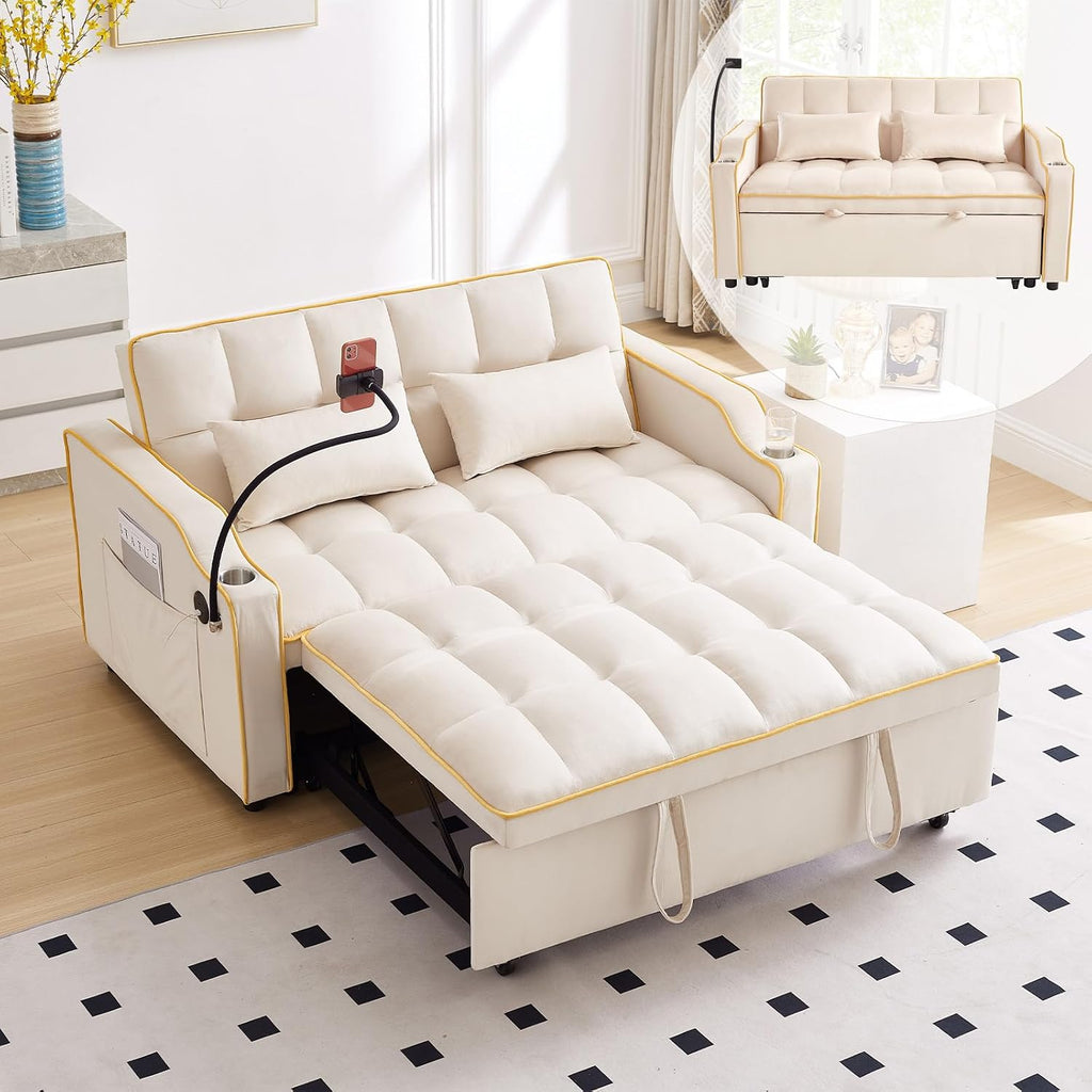 Convertible Sofa Bed, 3 in 1 Futon Sofa Bed with USB Charging Ports, Cup Holder, Phone Stand & Pocket, Modern Upholstered Sleeper Sofa for Living Room, Apartment or Small Space (Beige-L)