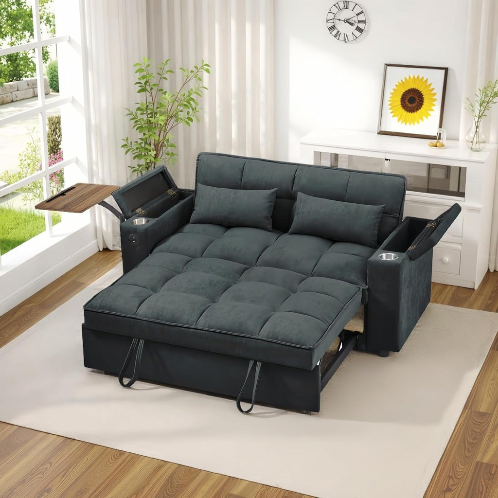 oaaktu 65''Convertible Sleeper Sofa Bed,3-in-1 Pull Out Couch Bed with 360 Degree rotatable Side Table and USB Ports for Living Room,RV (07Dark Grey)