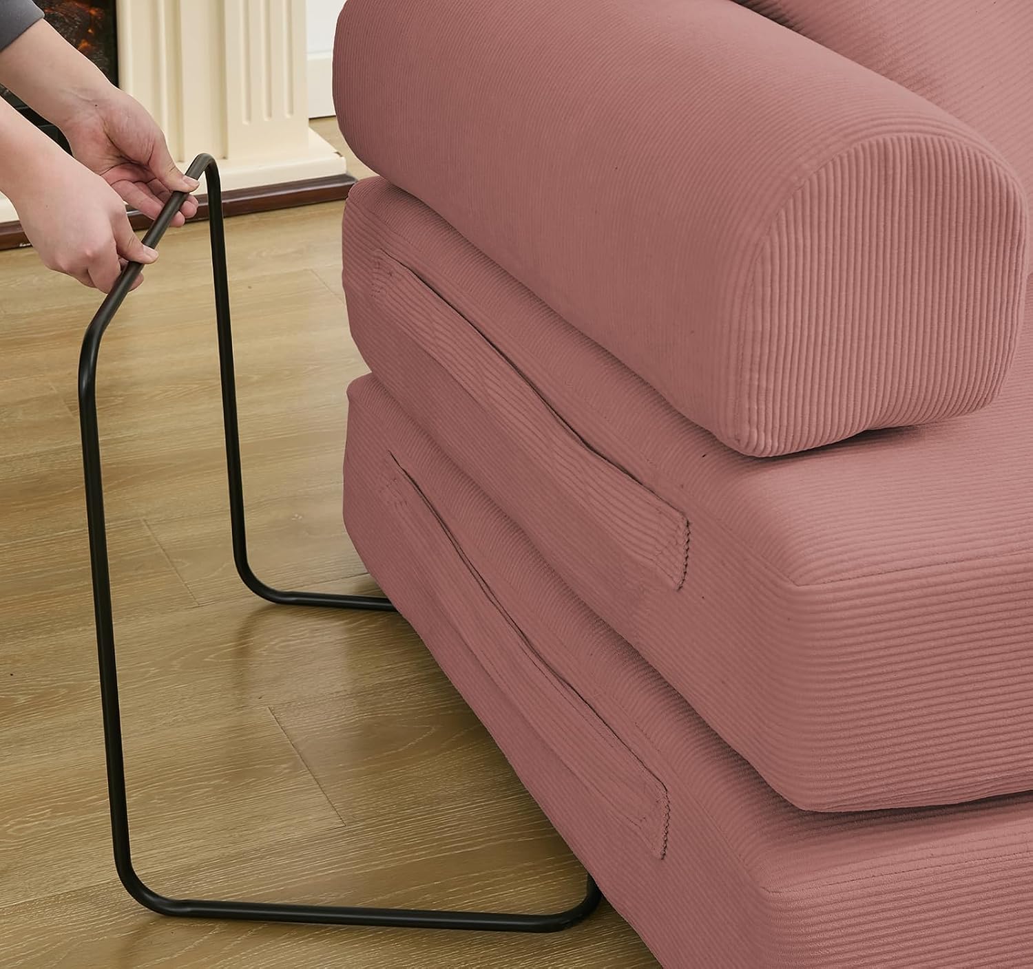 Convertible Folding Sofa Bed, Modular Floor Sofa with Removable Backrest, 3-Seater Fold Out Couch Bed with Pillows, King Size Futon Lazy Couch Corduroy Sleeper for Living Room, Dorm, Dark Pink
