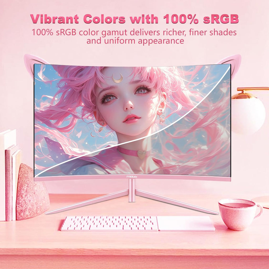 FYHXele FY27QHP Pink Monitor 27 Inch Curved Gaming 165Hz - Support 144Hz 1800R 1ms QHD 2560 x 1440P VA Screen, Built-in Speakers, AMD Free-Sync, HDMI, DP, USB, AUX, Tilt Adjustable