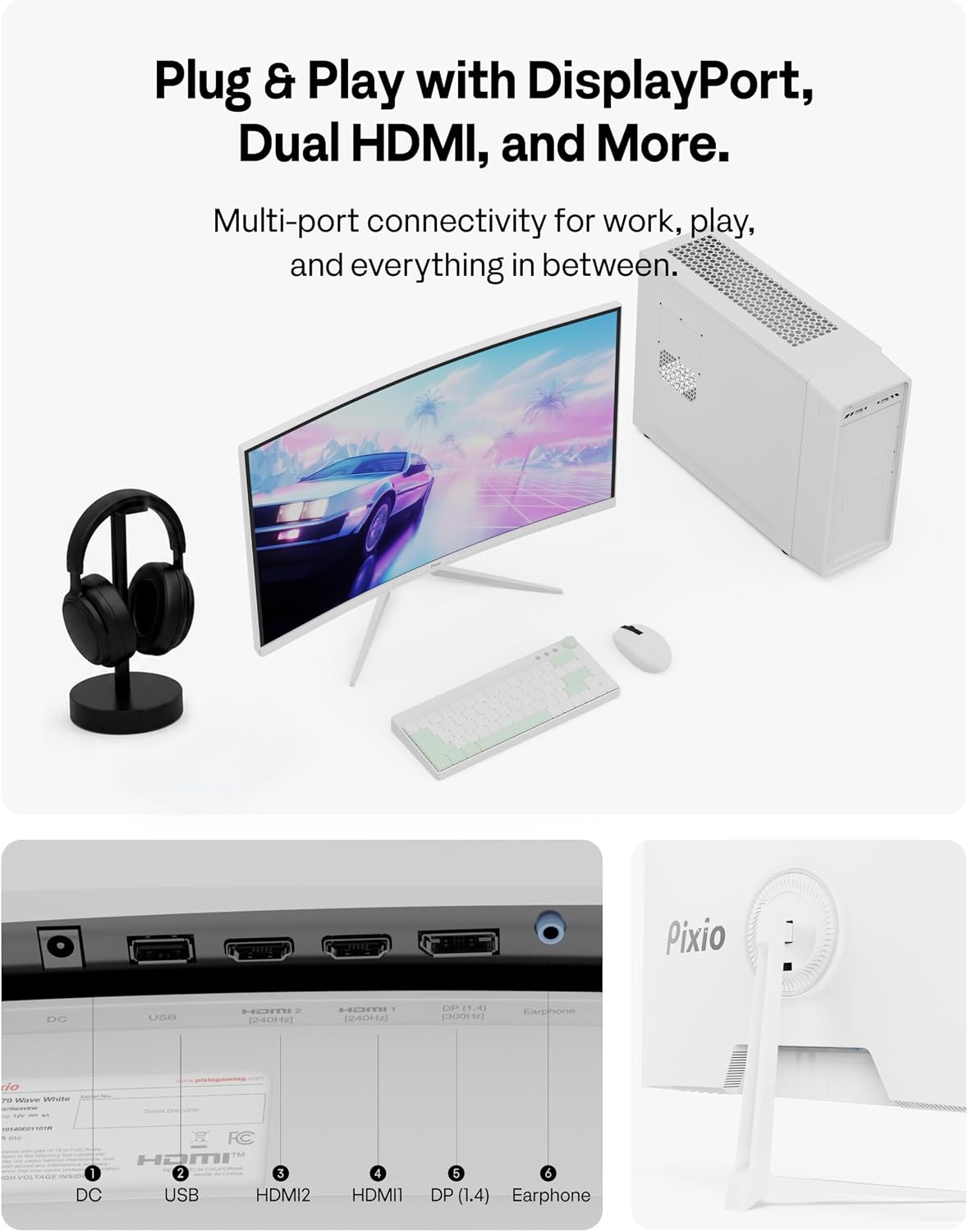 Pixio PXC279 Wave White 27 inch 300Hz Refresh Rate FHD 1080p Resolution 1650R Curved Fast VA Panel 1ms GTG Response Time Adaptive Sync HDR Curved Gaming Monitor