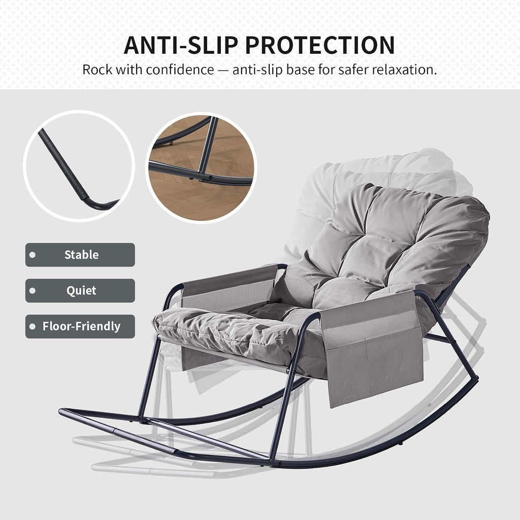 Outdoor Rocking Chair, Modern Cozy Lounge Patio Rocker, Indoor Reading Chair with Side Pockets, Anti-Slip Base for Bedroom, Living Room, Porch, Garden, Lawn