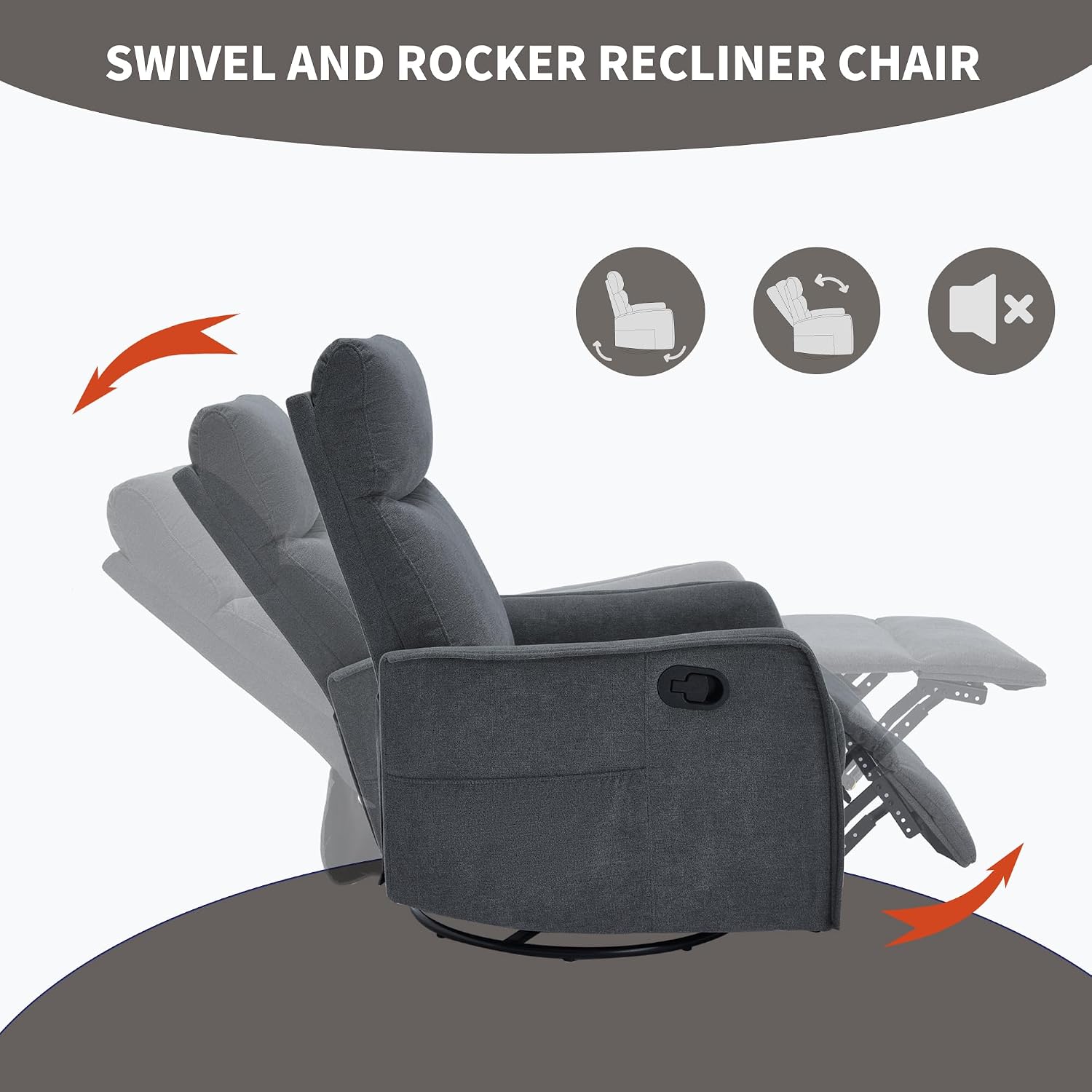 Massage Chair Recliner with Heat, 360° Swivel Glider Rocker with Reclining Backrest and Footrest, Manual Lazy Boy Recliners for Adults, Modern Nursery Rocking Chairs (Dark Grey)