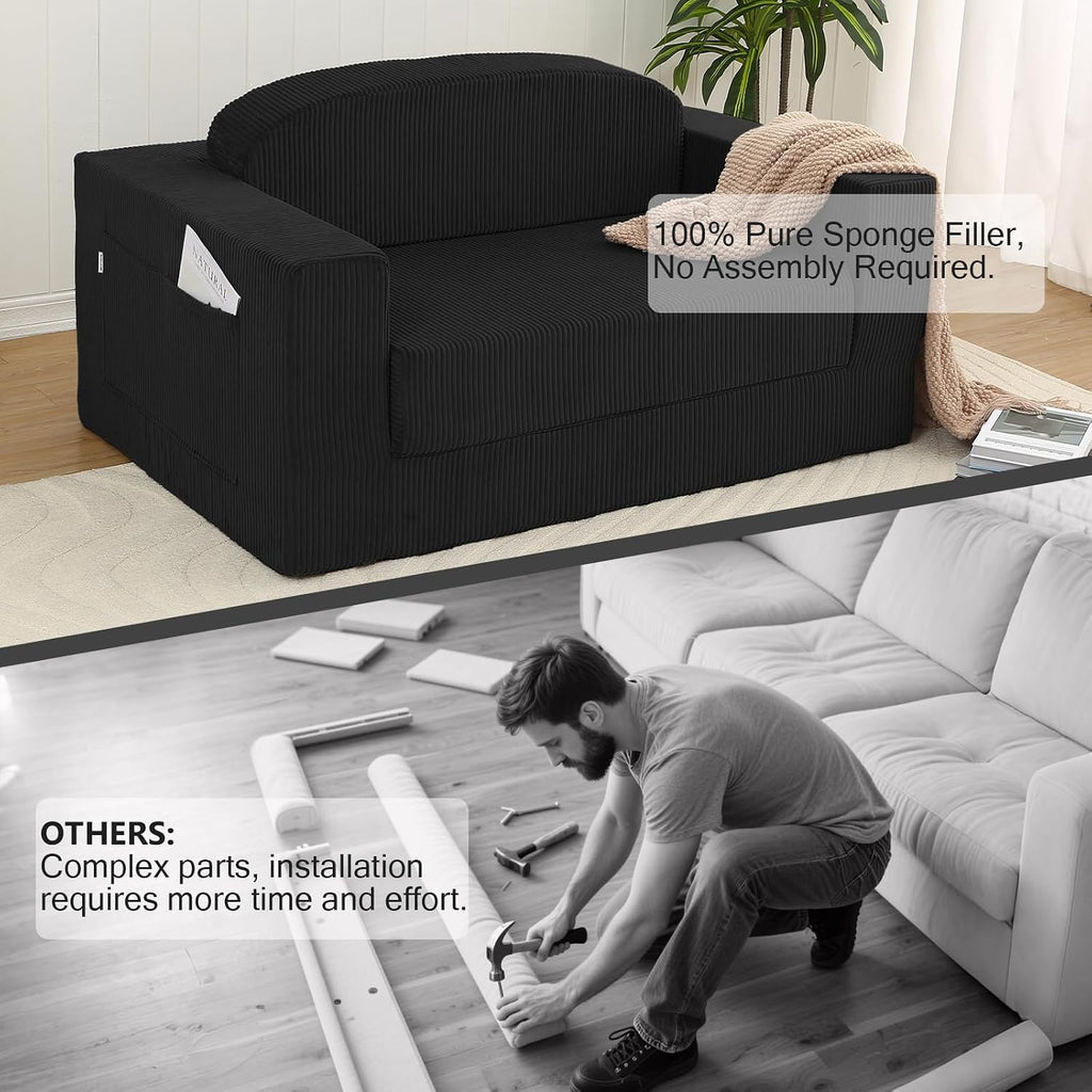 MeMoreCool Convertible Sofa Bed, Pull Out Loveseat Sleeper Sofa, Small Boneless Cloud Couch Bed for Adults, Fold Out Foam Love Seat Black, Corduroy Folding Floor Couch for Bedroom