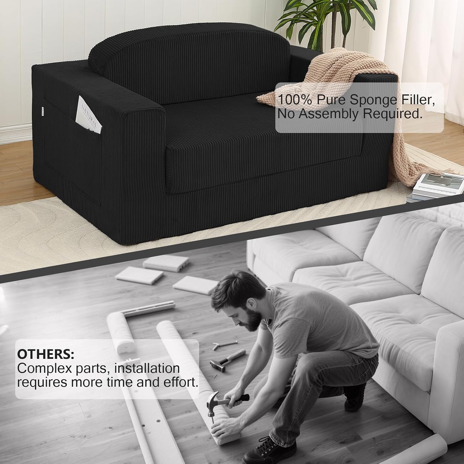 MeMoreCool Convertible Sofa Bed, Pull Out Loveseat Sleeper Sofa, Small Boneless Cloud Couch Bed for Adults, Fold Out Foam Love Seat Black, Corduroy Folding Floor Couch for Bedroom