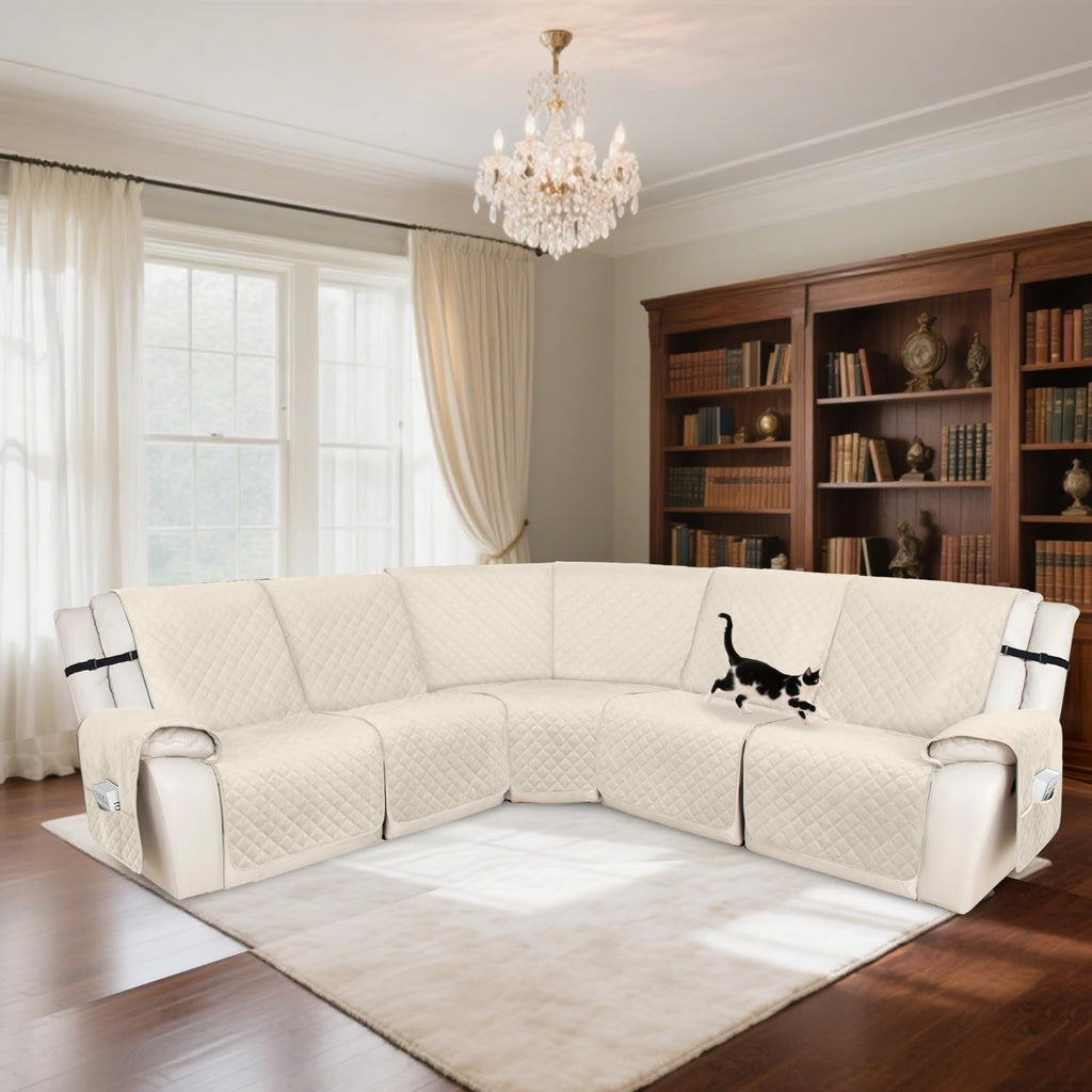 HDCAXKJ 100% Waterproof Recliner Sectional Couch Covers X-Large L Shaped Corner Reclining Sofa Cover Washable Thick Non Slip Sectional Slipcover with Pockets (XL 5 Seat Recliner Couch, Beige)