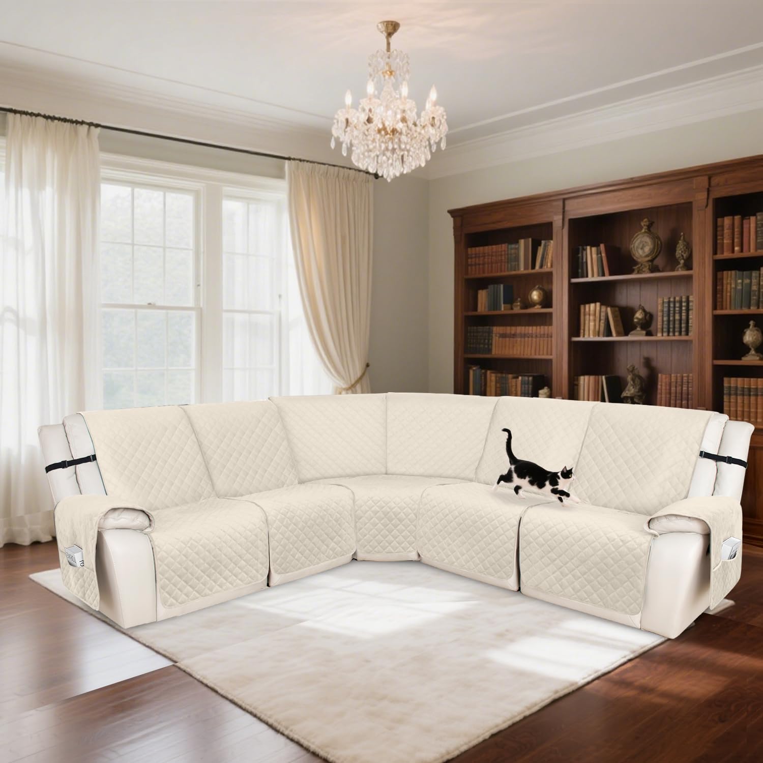 HDCAXKJ 100% Waterproof Recliner Sectional Couch Covers X-Large L Shaped Corner Reclining Sofa Cover Washable Thick Non Slip Sectional Slipcover with Pockets (XL 5 Seat Recliner Couch, Beige)