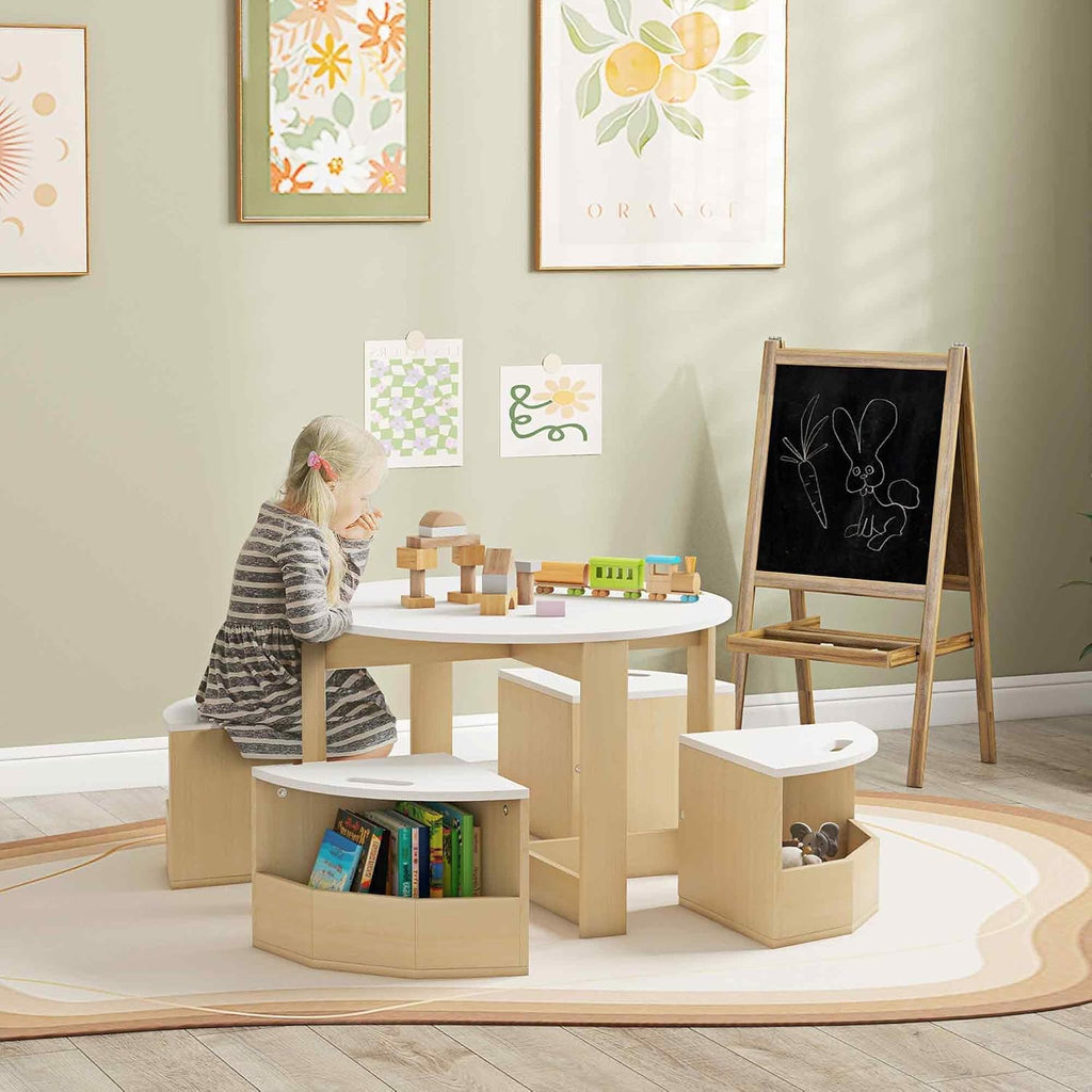 Qaba Toddler Table and Chairs Set, 5 Pieces Round Kids Activity Table with Storage for Play, Art, Craft, Drawing, Playroom, Classroom, Nursery, White
