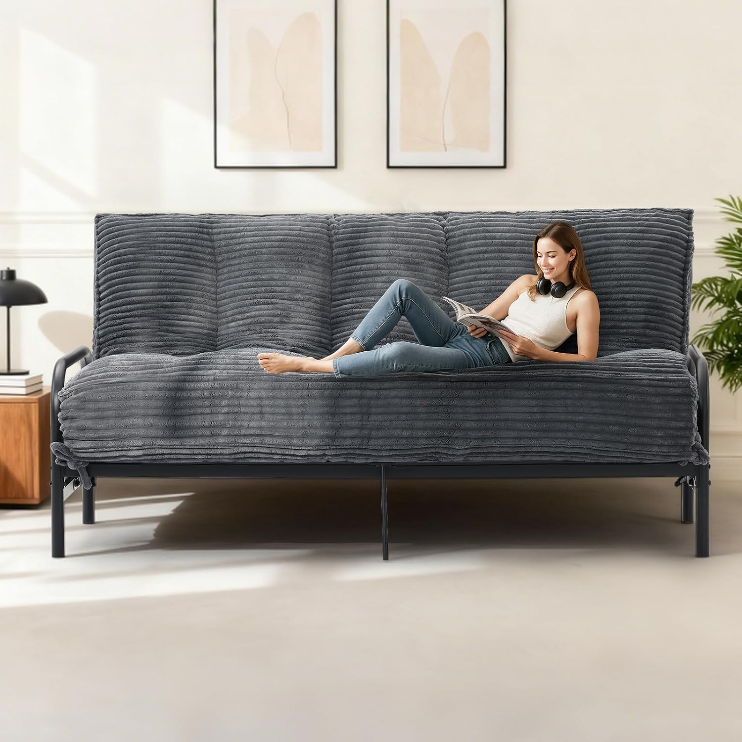 10' Futon Mattress Queen Size,Futons Sofa Couch Bed with Straps, Thick Corduroy Floor Mattress for Adults, Roll Up Folding Mattress Shredded Foam Filling, Medium Firm (Gray, Full)