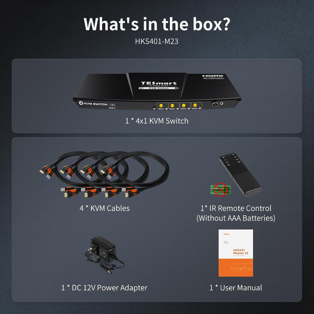 TESmart 8K@60Hz HDMI KVM Switch 1 Monitor 4 Computers USB 3.0, KVM Switch 4 Port 4K@144Hz for Gaming, Custom Hotkey Switch, EDID, Audio&Microphone, ADI Chip and All Input Cables