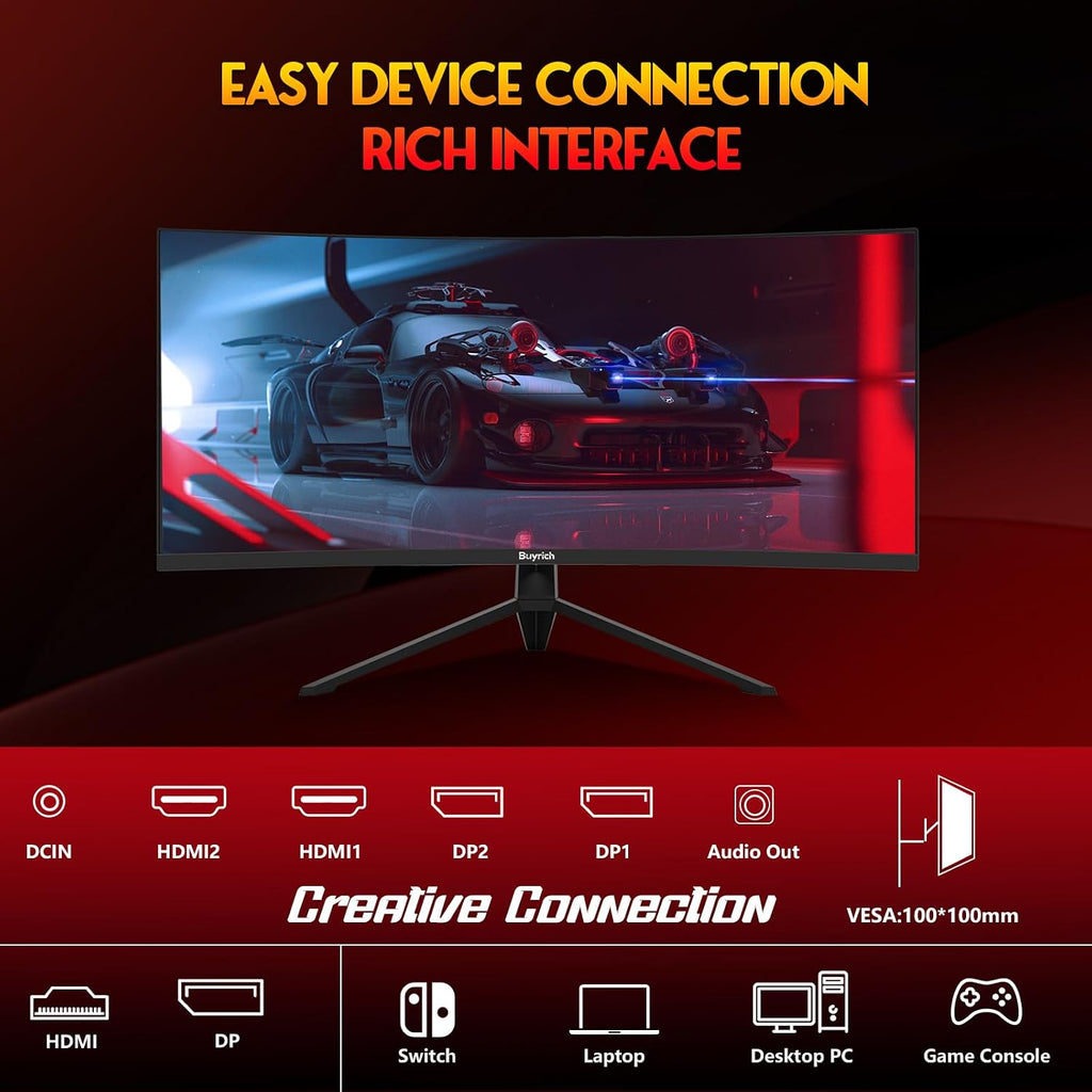 34 Inch Curved Monitor for Productivity, 100Hz, UWQHD (3440x1440), 1500R, 4000:1 Contrast Ratio, Quick-Release Metal Stand, VESA Compatible, for Spreadsheets, Data Analysis, and Multi-Window Work