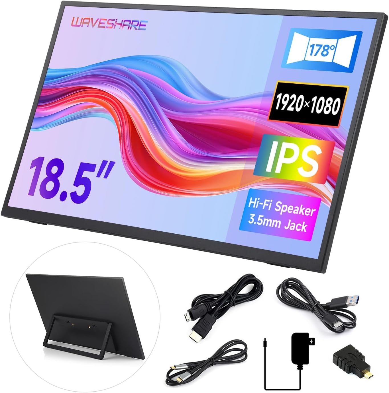 waveshare Luckfox 18.5inch Portable Monitor with Stand, IPS Screen, 120Hz High Refresh Rate, Mini HDMI Interface, 1920 × 1080 Full HD, 178° Viewing Angle, ABS Case, Supports HDR, No Touch