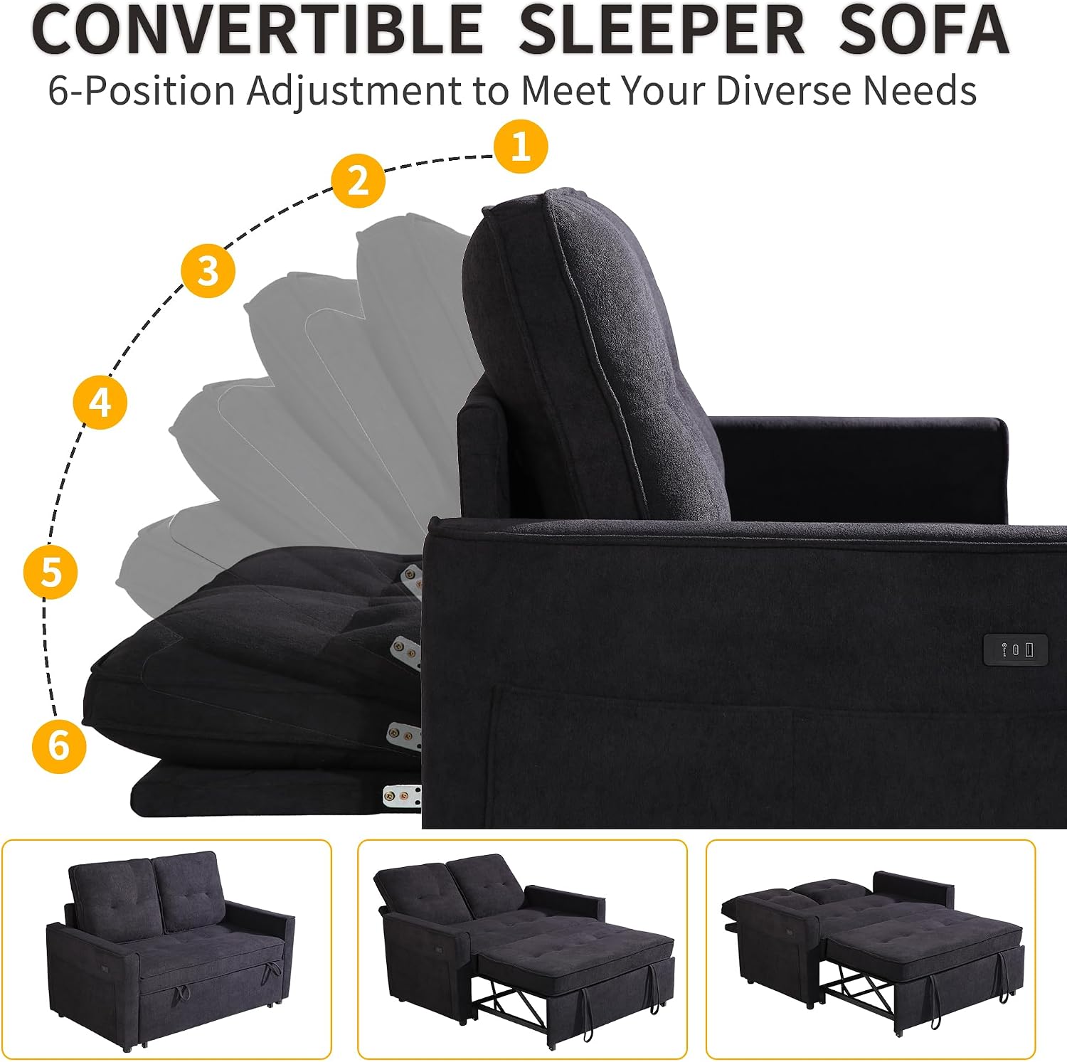 EJUNQ Pull Out Couch, Convertible Sofa Bed with USB and Reclining Backrest, Modern 3 in 1 Sleeper Sofa Couch Bed with Side Pockets, Comfortable Loveseat Sleeper for Small Spaces.(Black)