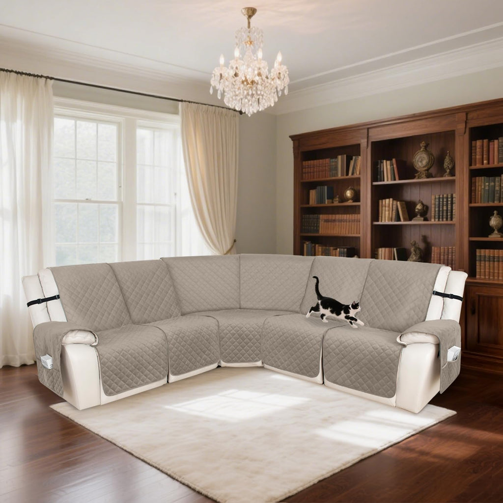 HDCAXKJ 100% Waterproof Velvet Recliner Sectional Couch Covers L Shaped Corner Reclining Sofa Cover Washable Thick Non Slip Sectional Slipcover with Pockets (5 Seat Recliner Couch, Khaki)