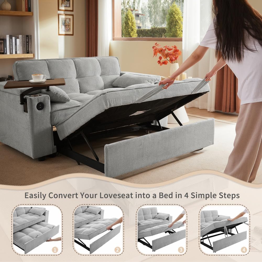 oaaktu ﻿ Large Size Convertible Sleeper Sofa Bed,Polka dot Velvet Pull Out Futon Couch with Storage handrails & Rotating Side Tables,Convertible Sofa Couch for Living Room,RV (Light Gray)