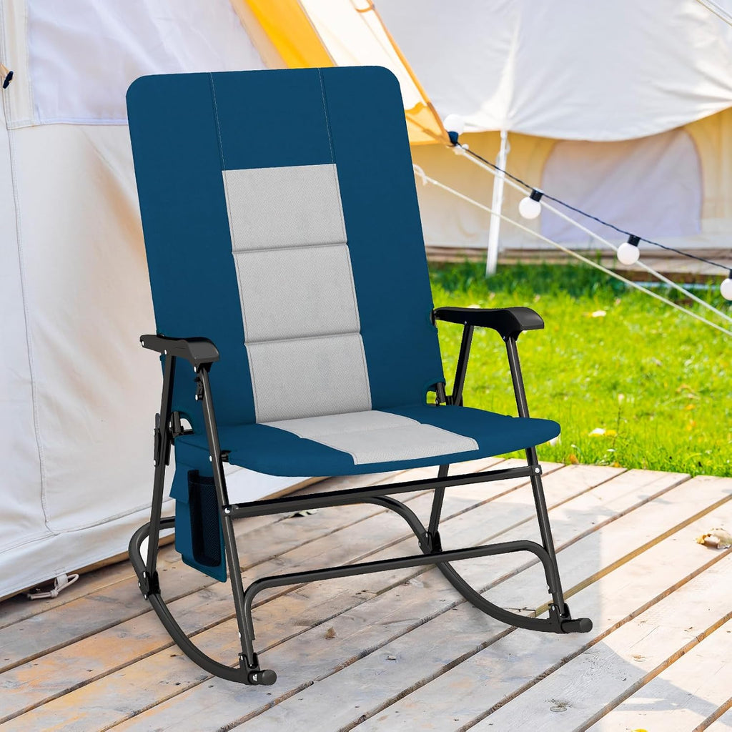 Tangkula Folding Rocking Chair, Foldable Camping Rocking Chair with Padded Seat High Back & Armrest, Support 350 lbs, Portable for Indoor Outdoor Patio Lawn Backyard (1, Blue)