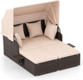 Tangkula Patio Rattan Daybed with Retractable Canopy, Outdoor Wicker Sunbed with 2 Foldable Side Tables, Thick Seat & Back Cushions, Outside Double Daybed for Garden, Backyard, Porch, Beige & Brown