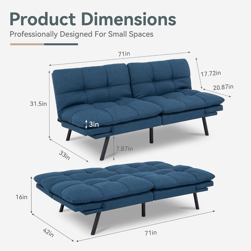 Futon Sofa Bed Convertible Couch, Blue Linen Sofa Bed with Memory Foam, Adjustable Backrest & Armrests, Multifunctional Small Loveseat Sleeper Sofa for Living Room, Apartment, Office