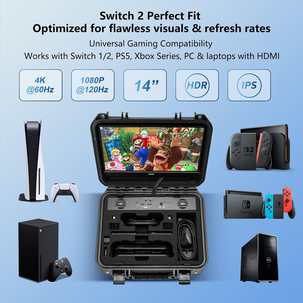 G-STORY 14'' Portable Monitor Case for Switch 2,4K&60Hz or 1080P&120Hz Portable Gaming Monitor IPS Screen HDMI Shock-Resistant Travel carrying Bag Game Mode,Travel Monitor fo Switch2(no Included)