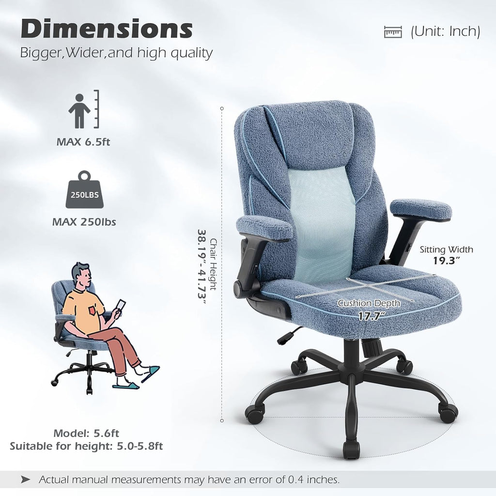 SEATZONE Home Office Desk Chairs with Wheels and Armrests,Office Chair Comfortable Ergonomic Mesh with Teddy Fleece Fabric Executive Computer Chairs for Adults and Teens,Blue