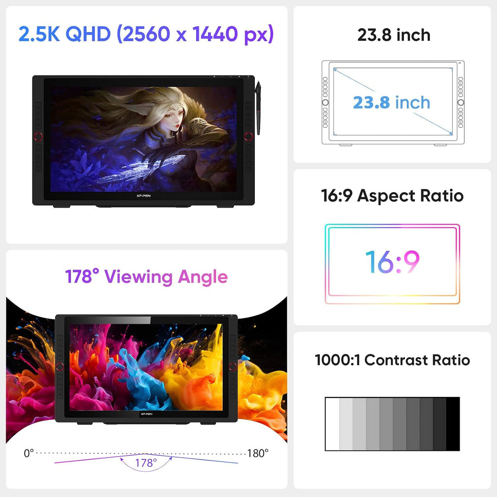 XPPen Artist 24 Pro 2.5K QHD Drawing Tablet with Screen,16.7M Colors Graphics Tablet with 8192 Pen Pressure Battery-Free Tilt Stylus & 20 Shortcut Keys for Windows, Mac, Chrome, Linux, 23.8'