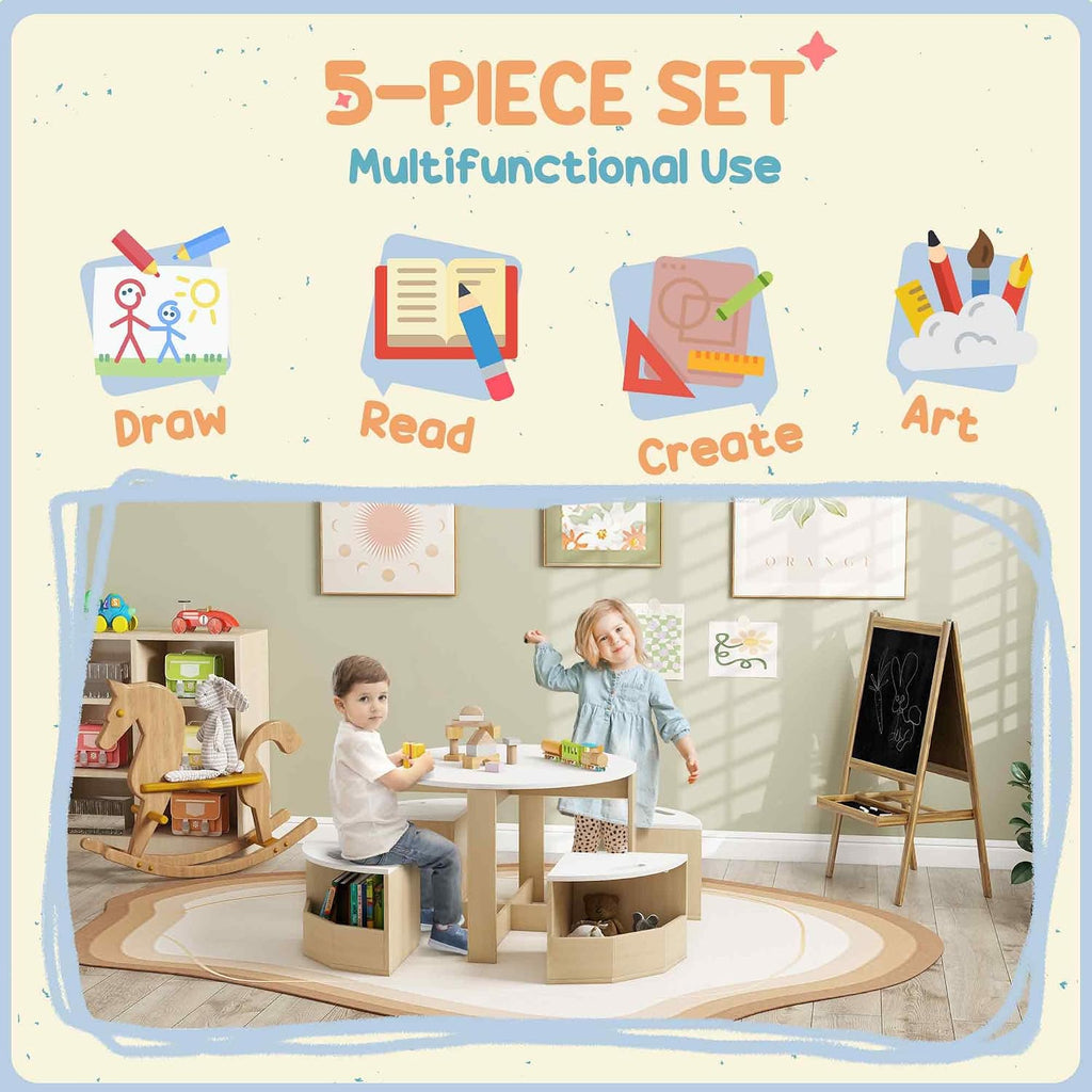 Qaba Toddler Table and Chairs Set, 5 Pieces Round Kids Activity Table with Storage for Play, Art, Craft, Drawing, Playroom, Classroom, Nursery, White