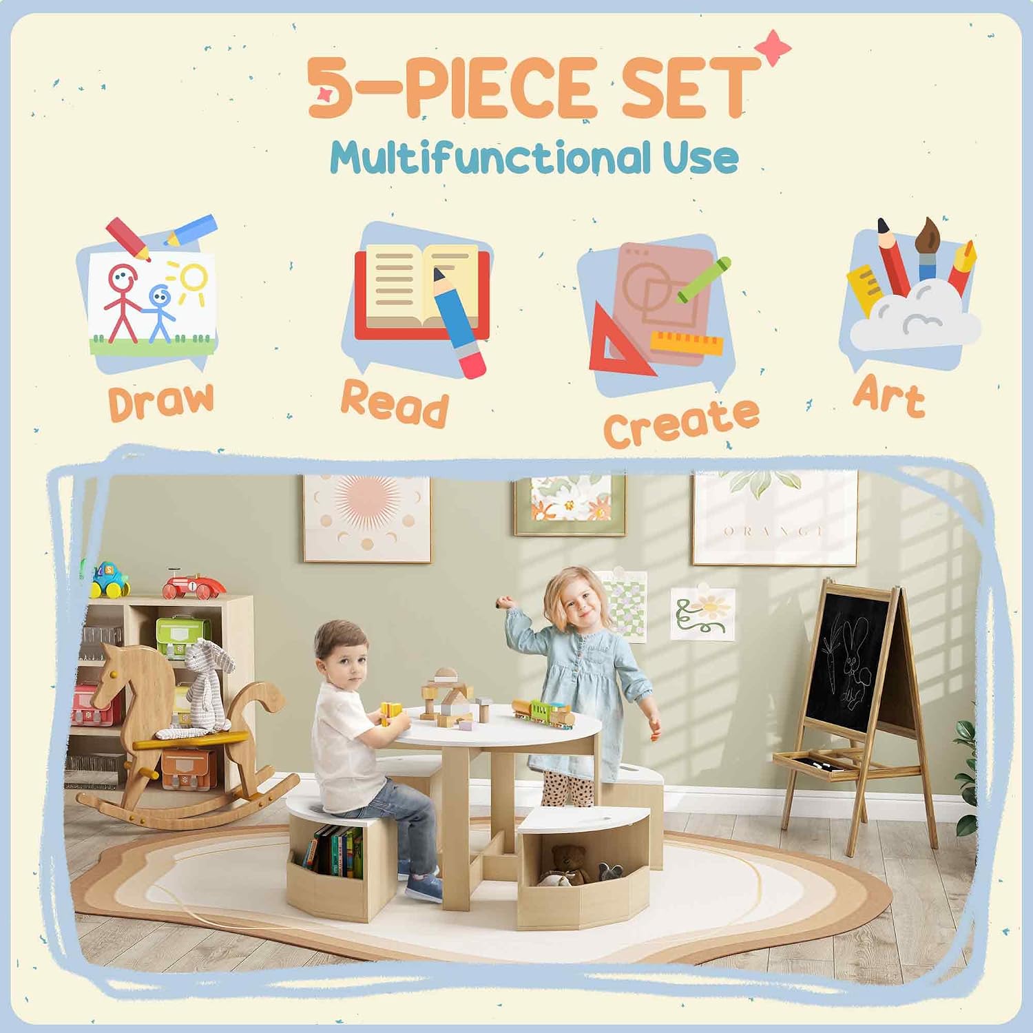 Qaba Toddler Table and Chairs Set, 5 Pieces Round Kids Activity Table with Storage for Play, Art, Craft, Drawing, Playroom, Classroom, Nursery, White
