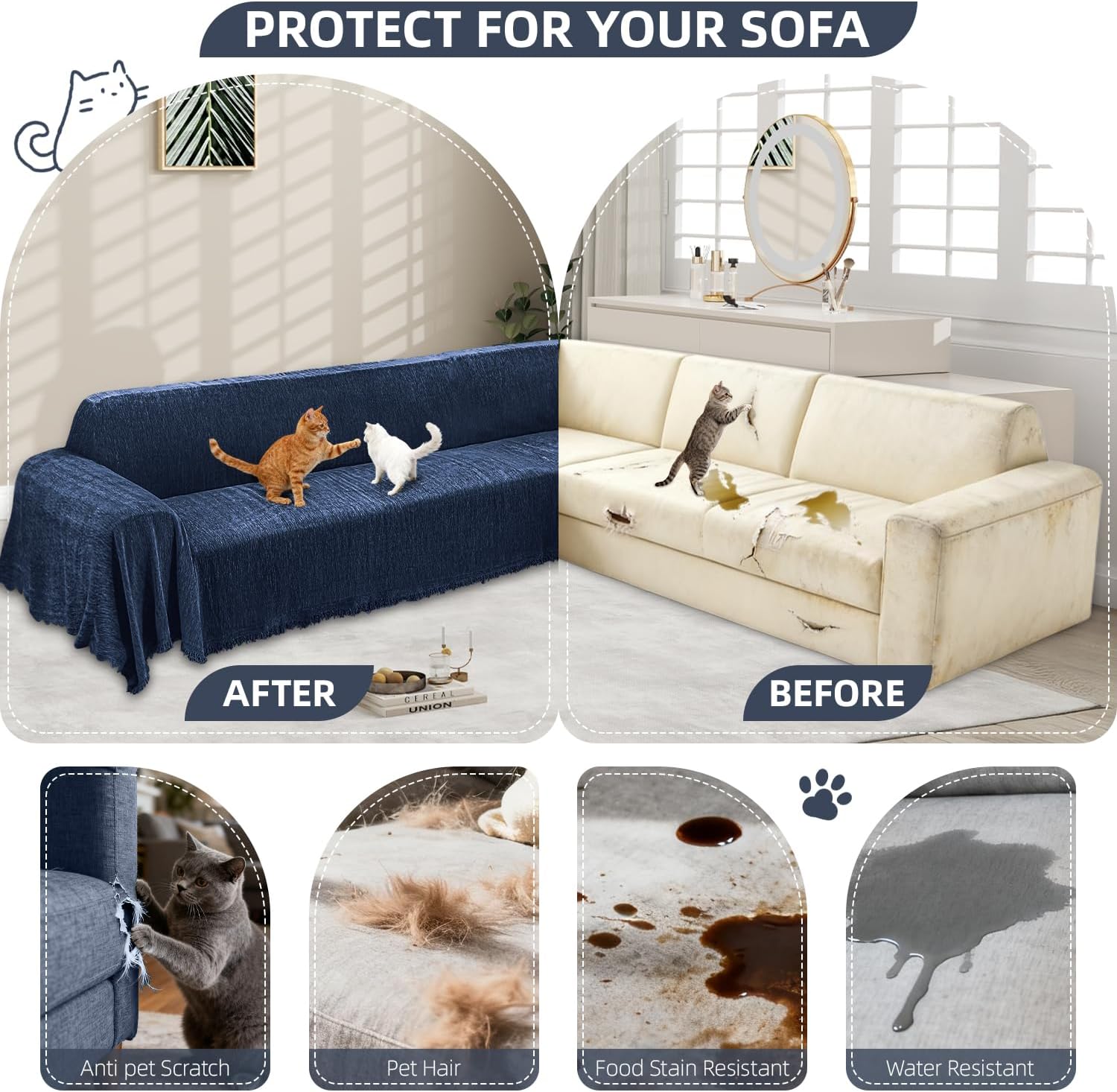 1OO% Waterproof Corner Sectional Couch Covers L Shape Chenille Sectional Sofa Cover with Tassel Soft Thick Washable Sofa Slipcover Furniture Protector for Dogs Pets (91' x 252', Navy Blue)