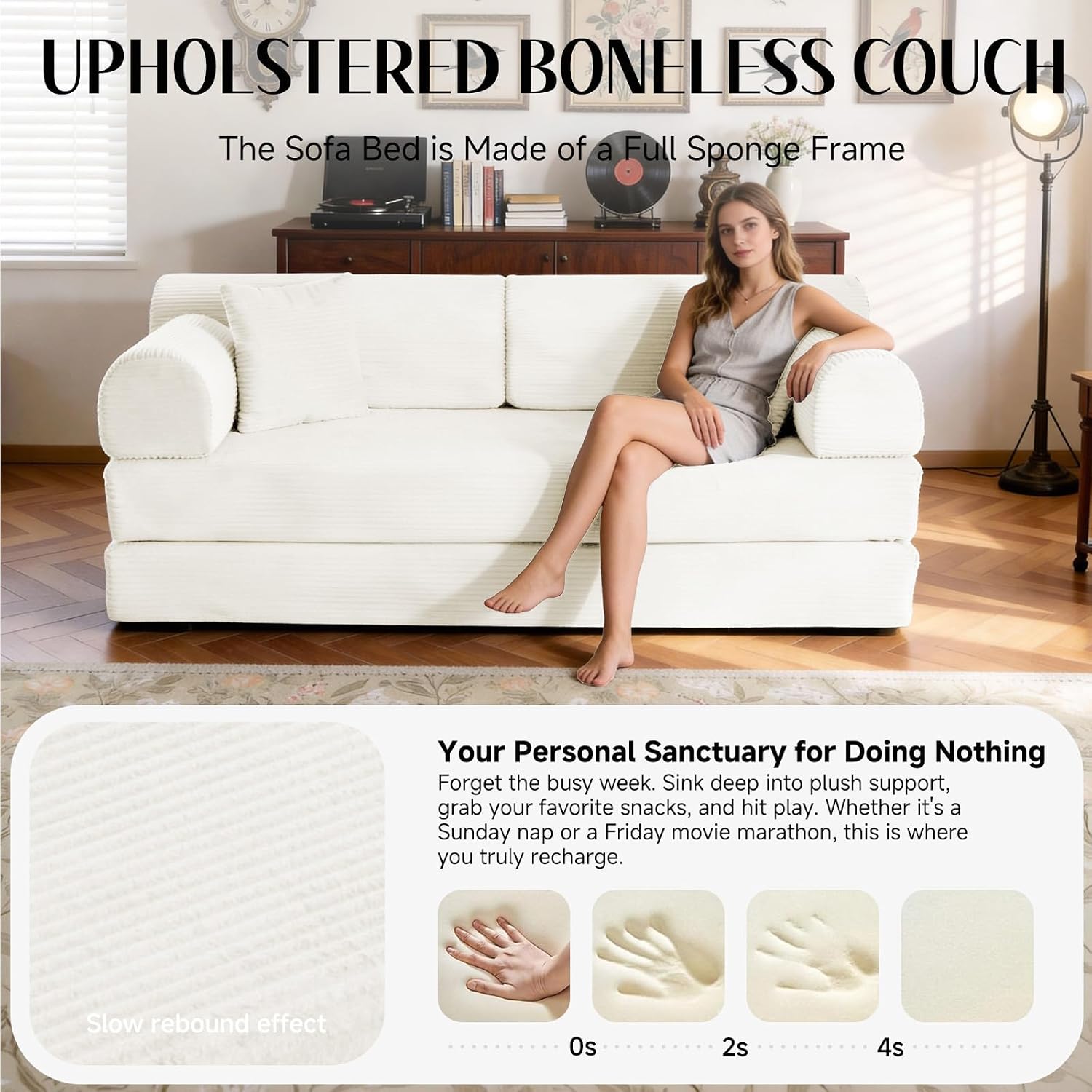 79'' Convertible Sofa Bed, 6 in 1 Folding Floor Futon Couch Sleeper with Fixed Frame, Corduroy Modular Sofa Bed with Removable Armrests & Pillows, No Assembly for Living Room Bedroom (Beige White)