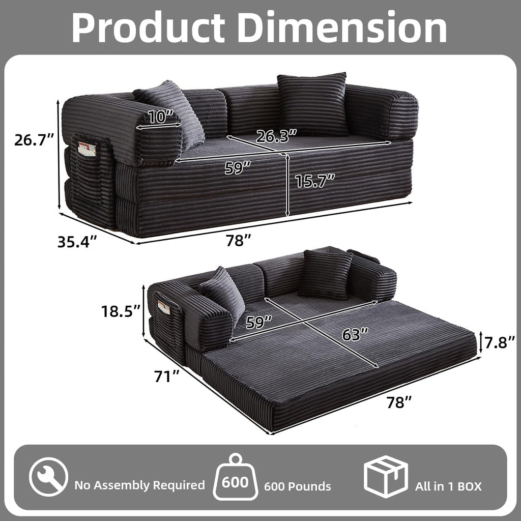 81 Inch Convertible Futon Sofa Bed,Fold Out Floor Sofa Couch with Fixed-Shape Frame,Corduroy Foldable Mattress Pull-Out Couches for Living Room (Dark Grey)