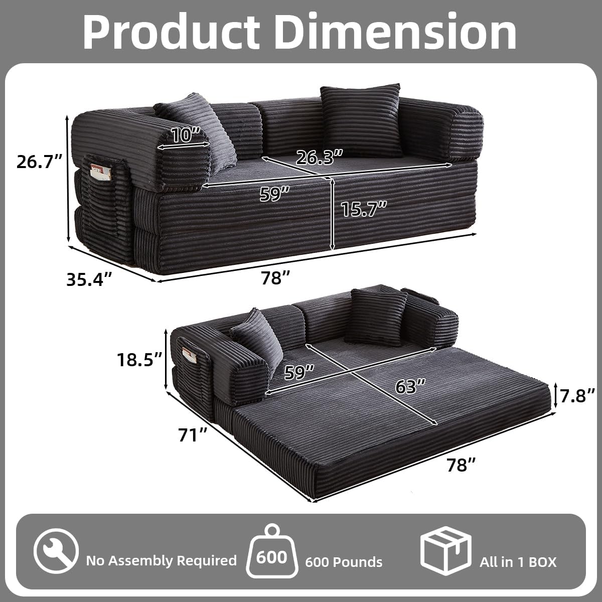 81 Inch Convertible Futon Sofa Bed,Fold Out Floor Sofa Couch with Fixed-Shape Frame,Corduroy Foldable Mattress Pull-Out Couches for Living Room (Dark Grey)