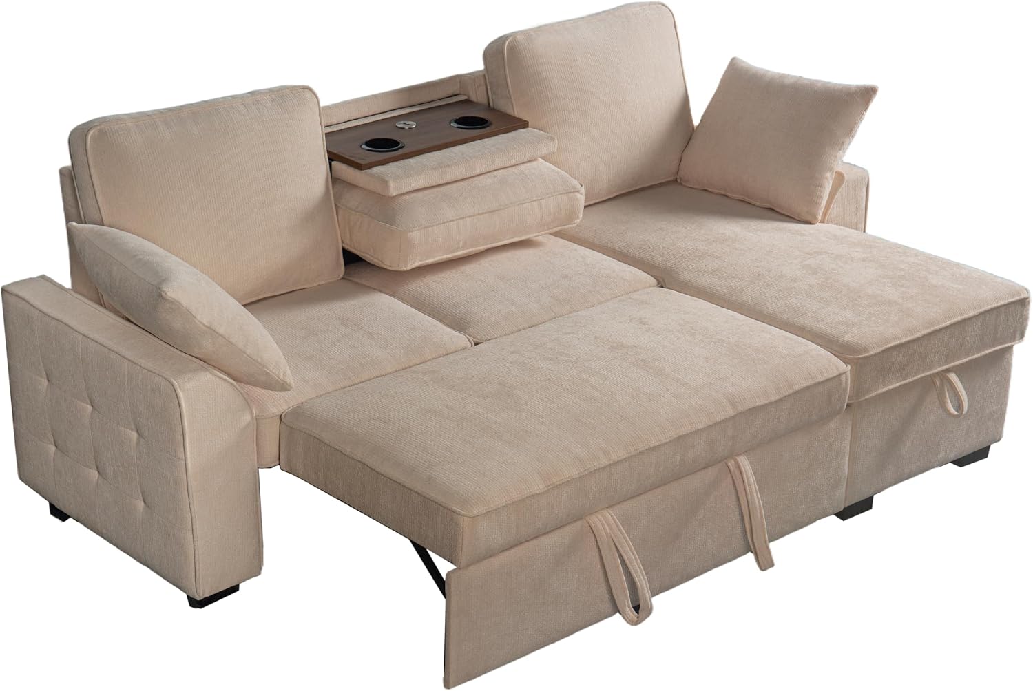 Ball & Cast L-Shape Reversible Sectional Sleeper Sofa Bed 4 in 1 Pull Out Couch with Storage Chaise,Cup Holders & USB Ports,Convertible Sleeper Corner Couch Pull-Out Sofa Bed for Living Room,Office
