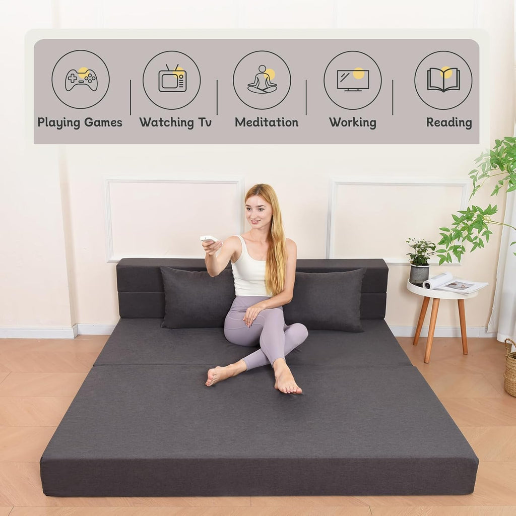 Fvkind Folding Sofa Bed with Pillow, Foldable Bed Sleeper Chair with Washable Cover, Convertible Sofa Chair, Fold Out Couch,Futon Couch for Living Room, Dorm, Guest Room, Queen Size, Dark Grey