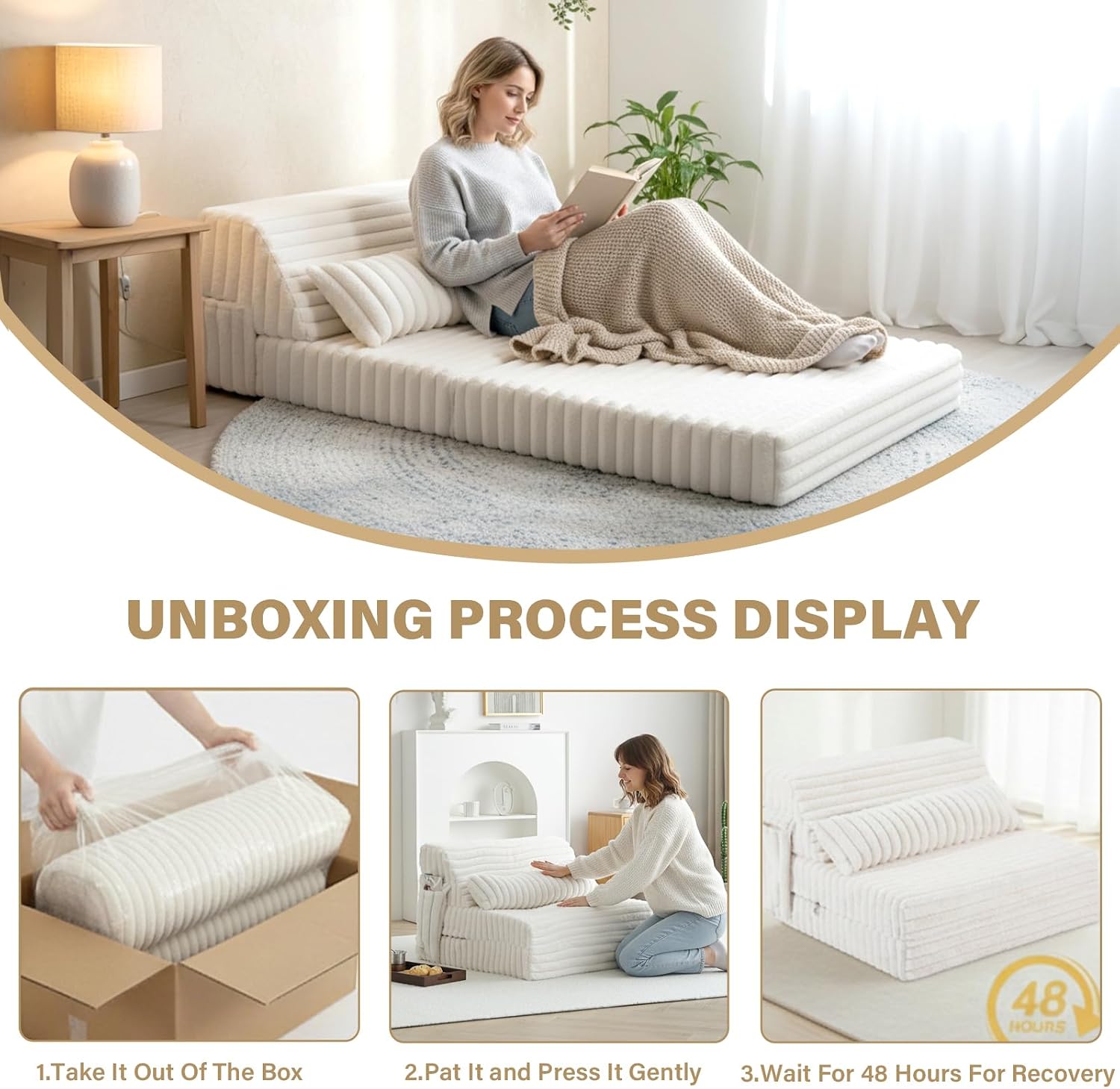 Tiita Folding Sofa Bed Twin Size, Convertible Sleeper Chair Mattress with Pillow, Thick Corduroy Floor Mattress Couch Bed with Side Pocket, Guest Room, Dorm, Apartment, Beige
