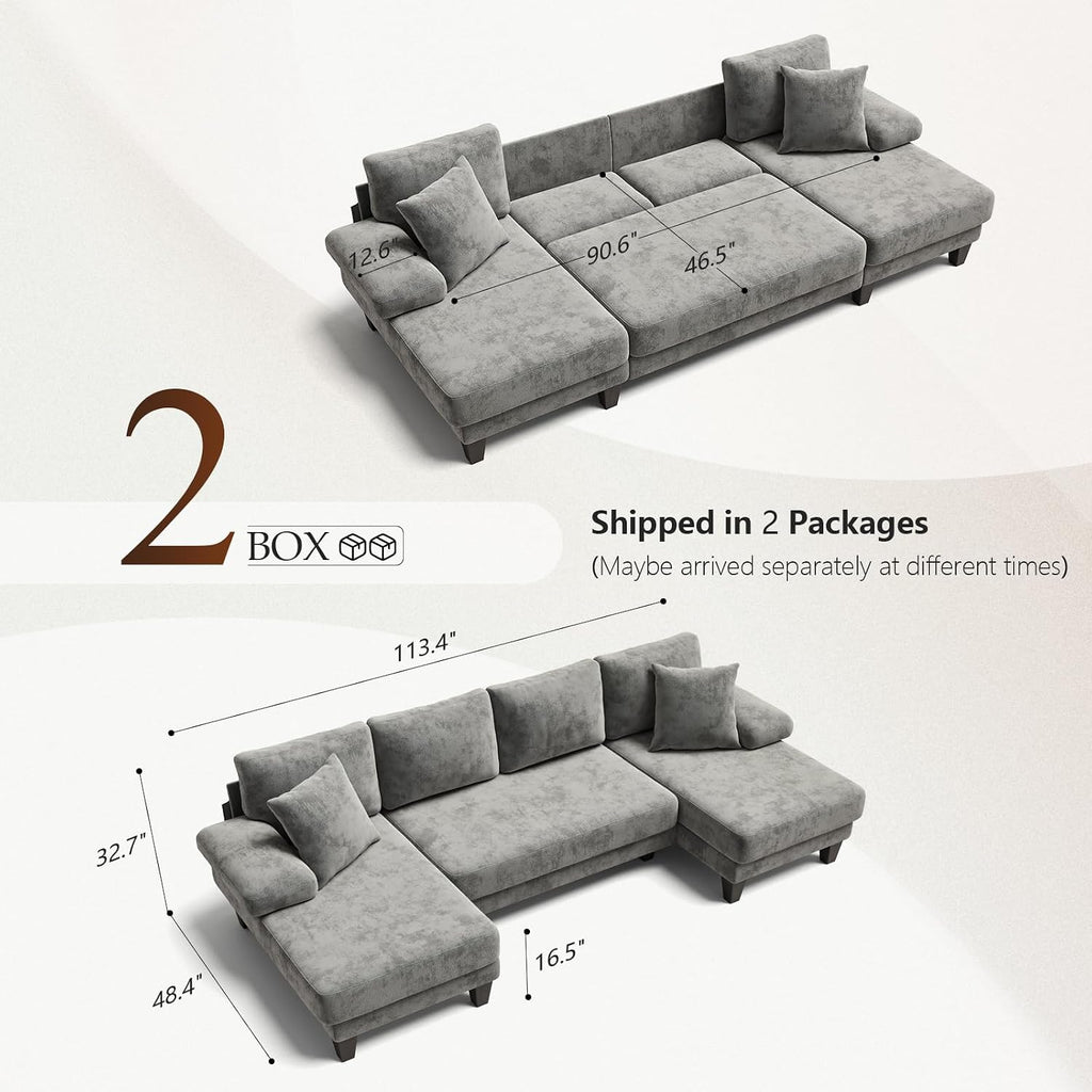 Txtin's Sleeper Sofa with Pull Out Couch Bed | 112 Inch Couches for Living Room | U-Shaped Convertible Sofa Bed | Chenille Light Grey