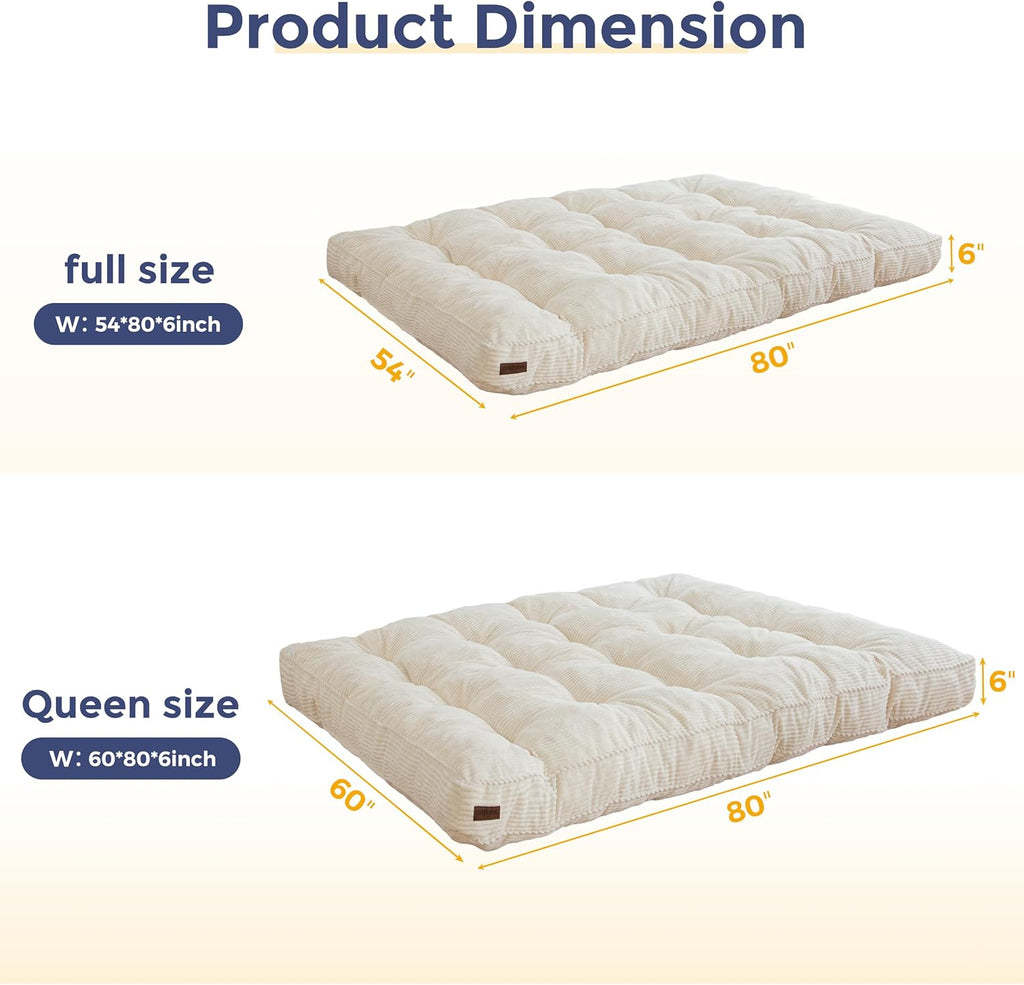 MAXYOYO 6' Futon Mattress Full Size, Tufted Futons Sofa Couch with Twisted Rope Design Edging, Thick Corded Fabric Floor Mattress for Adults, Shredded Foam Filling (Frame Not Included), Beige