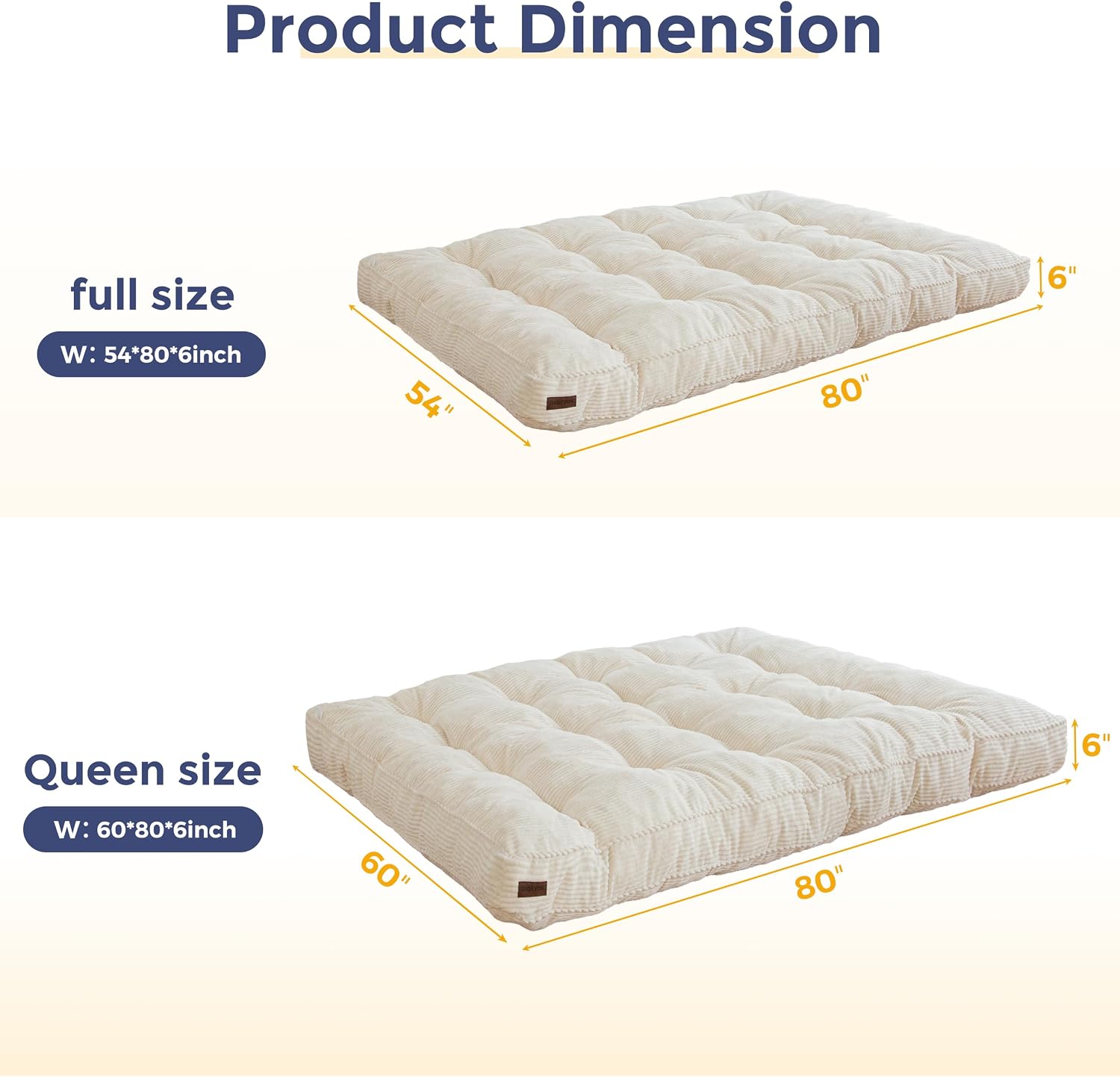 MAXYOYO 6' Futon Mattress Full Size, Tufted Futons Sofa Couch with Twisted Rope Design Edging, Thick Corded Fabric Floor Mattress for Adults, Shredded Foam Filling (Frame Not Included), Beige