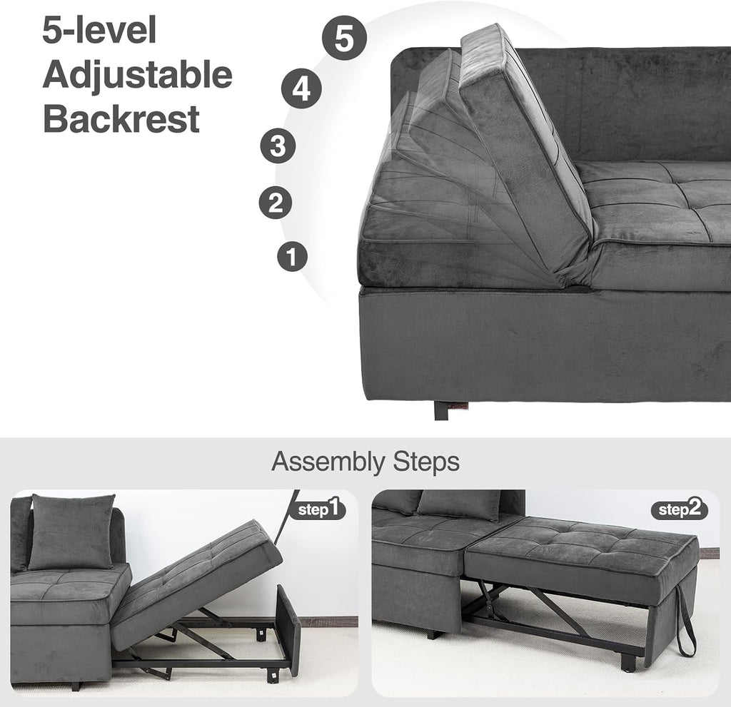 Sofa Bed 4-in-1 Convertible pull out Couch, Velvet Love seat Couch Sleeper Chair Bed with 2 Throw Pillow, Single Recliner with 5 Adjustable Backrests for Living Room Apartment Small Space, Light Grey