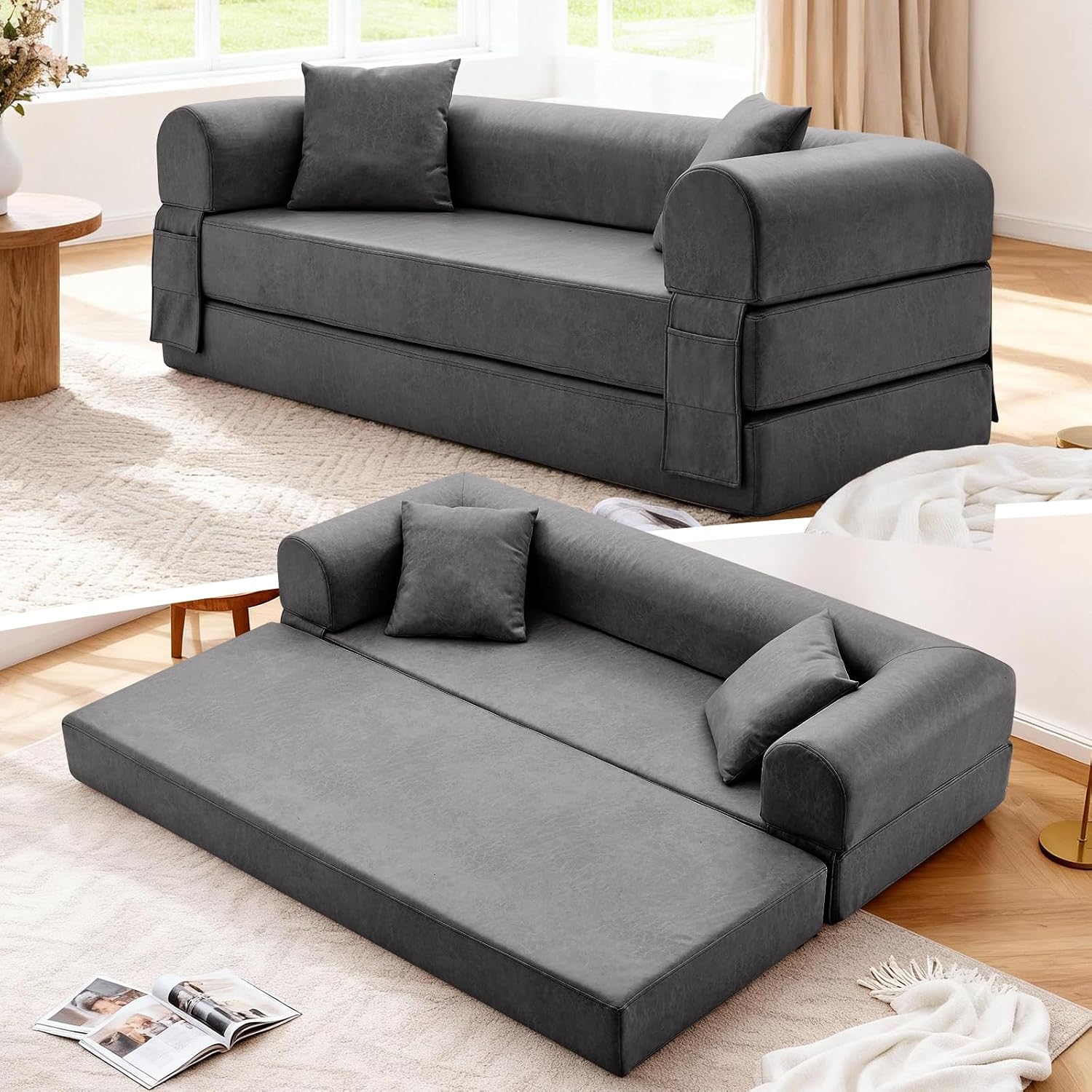 Convertible Folding Sofa Bed,78.5 Inch Faux Leather Futon Couch with Pillows & Storage Pocket,5-in-1 Queen Sleeper Sofa in a Box with Pull Out Bed,Boneless Couch for Living Room Bedroom,Gray
