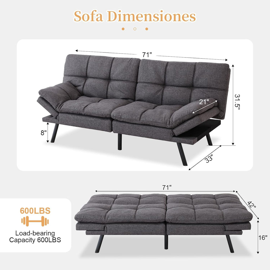 Opoiar Futon Sofa Bed Modern Memory Foam Sleeper Sofa Convertible Grey Couch Adjustable Armrest&Backrest Leather Futon for Living Space,Apartment,Office Sofabed