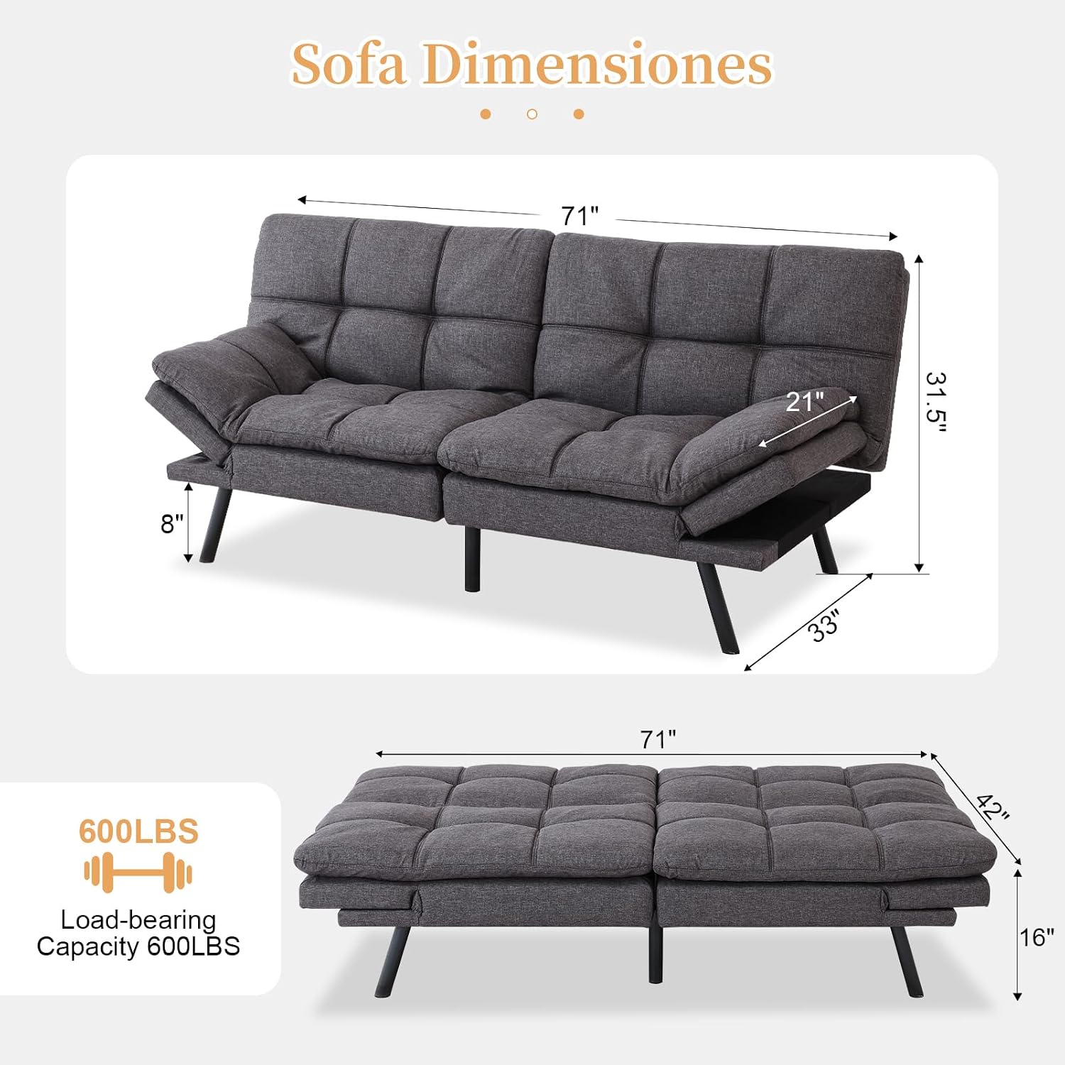 Opoiar Futon Sofa Bed Modern Memory Foam Sleeper Sofa Convertible Grey Couch Adjustable Armrest&Backrest Leather Futon for Living Space,Apartment,Office Sofabed