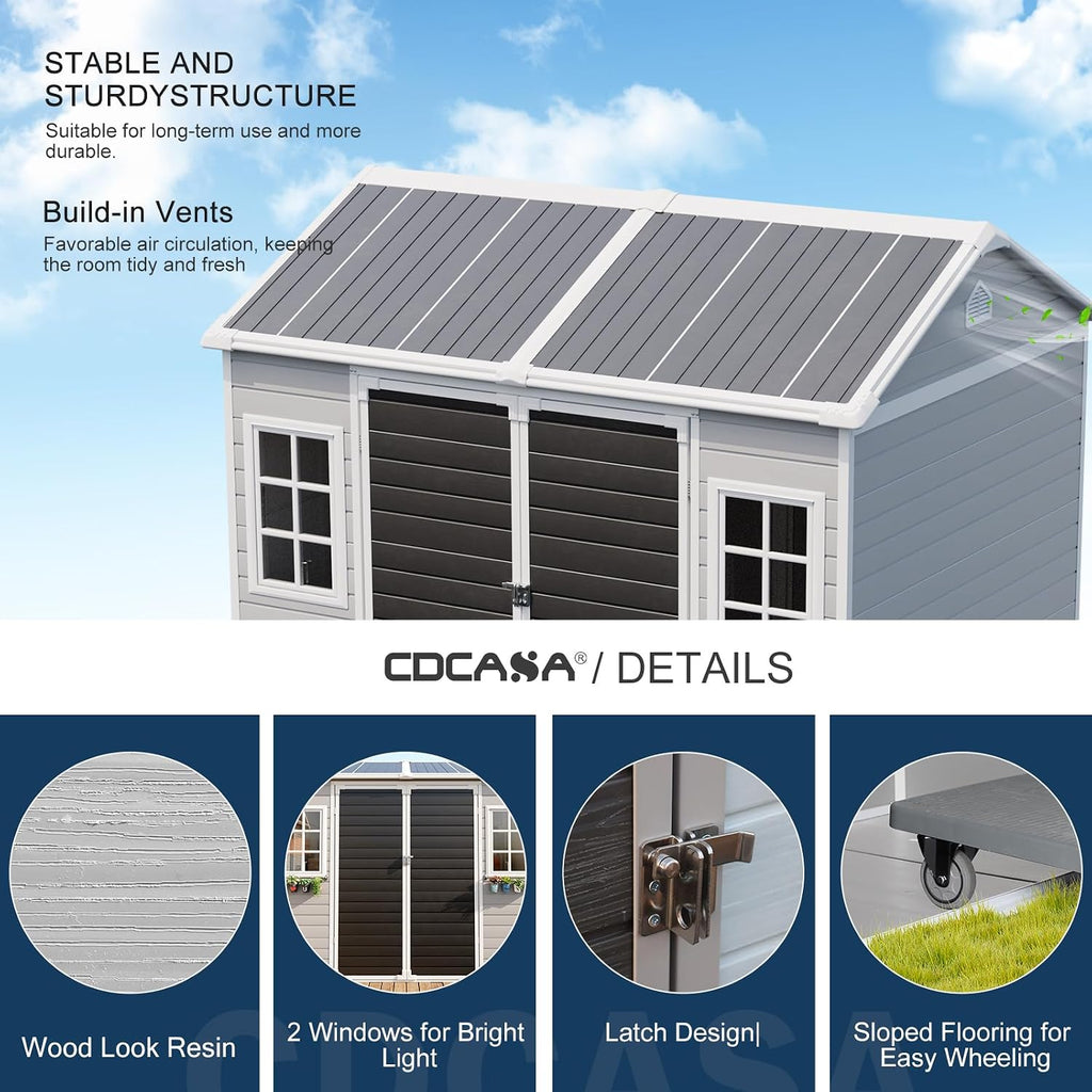 CDCASA 8x6 FT Resin Storage Shed, Large Waterproof Outside Plastic Tool Storage Sheds with Floor & Adjustable Openable Windows, Lockable Door for Backyard Patio Lawn, Dove Grey