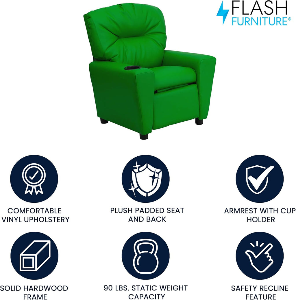 Flash Furniture Chandler Vinyl Kids Recliner with Cup Holder and Safety Recline, Contemporary Reclining Chair for Kids, Supports up to 90 lbs., Green