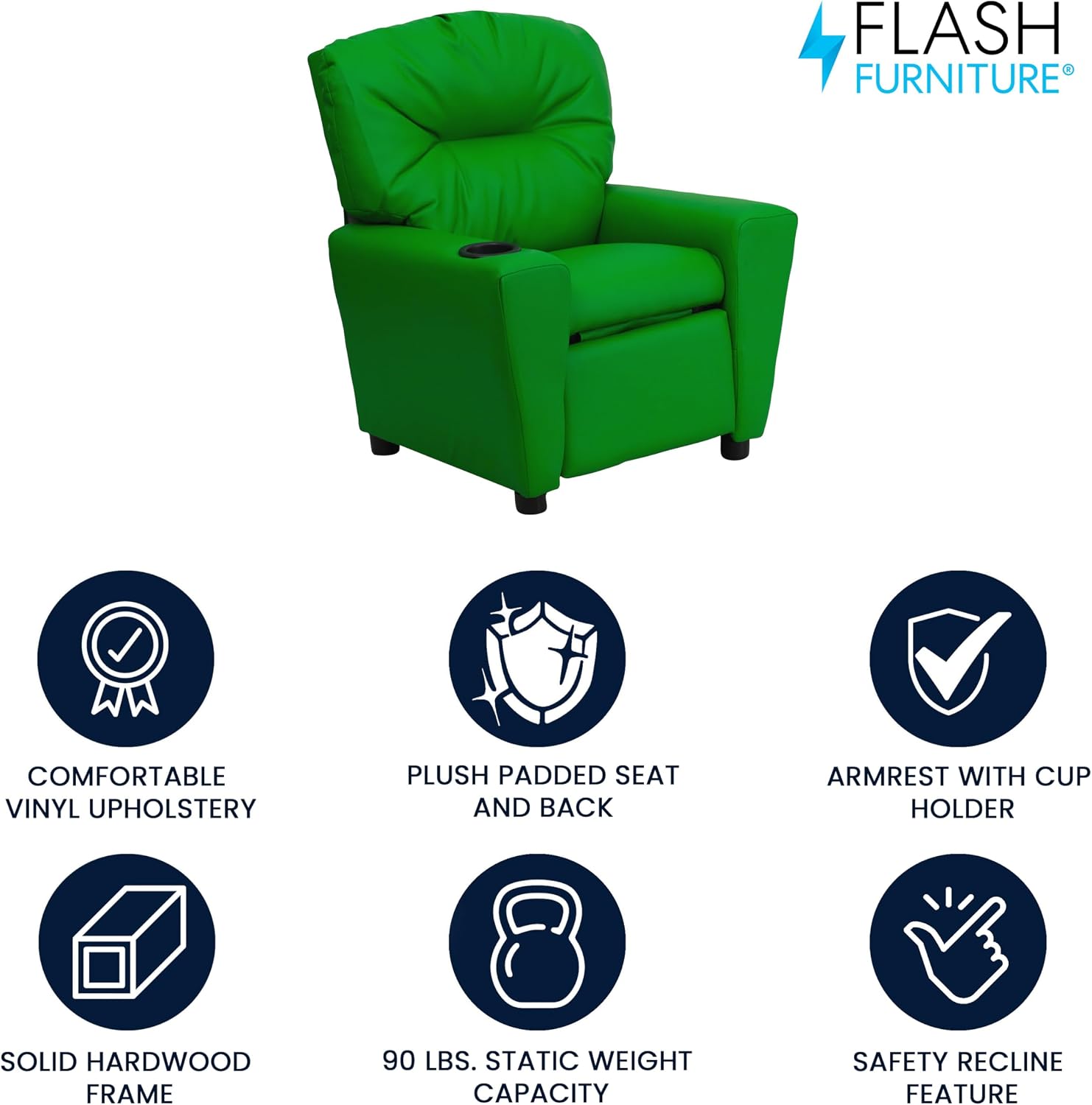 Flash Furniture Chandler Vinyl Kids Recliner with Cup Holder and Safety Recline, Contemporary Reclining Chair for Kids, Supports up to 90 lbs., Green