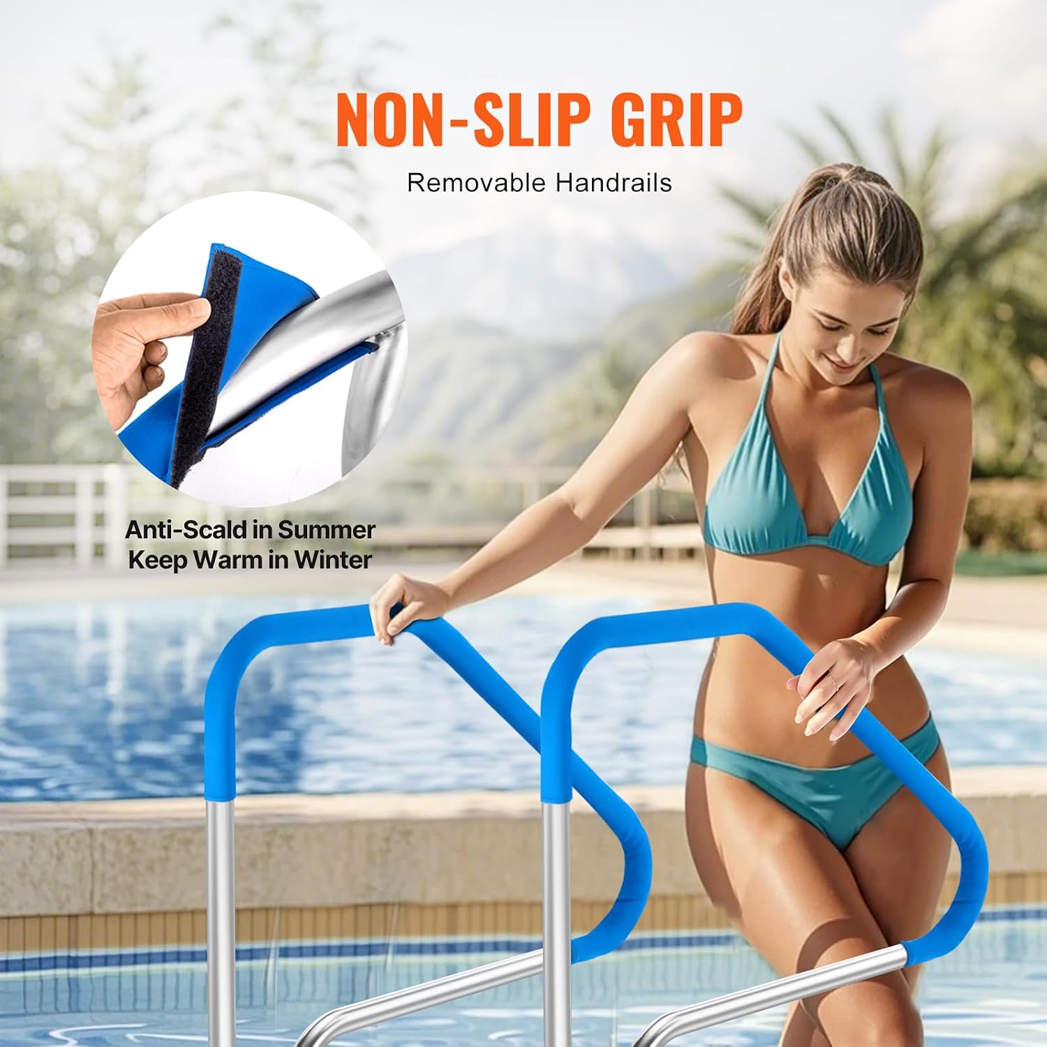 VEVOR Pool Handrail,46 x 37 inch Pool Railing, Stainless Steel (Pre-Built) for Indoor/Outdoor Pools,Swimming Pool Railing for Decks,Rust-Proof Grab Bar with Blue Grip Cover&Accessories for Spas