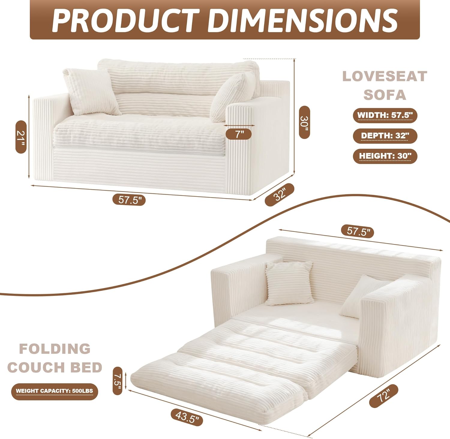 Convertible Sofa Bed, Pull Out Boneless Couch Loveseat Floor Sofa Bed with Pillows, 2-Seater Folding Sofa Loveseat Boneless Couch for Living Room, Bedroom, Apartment, Office (Beige)