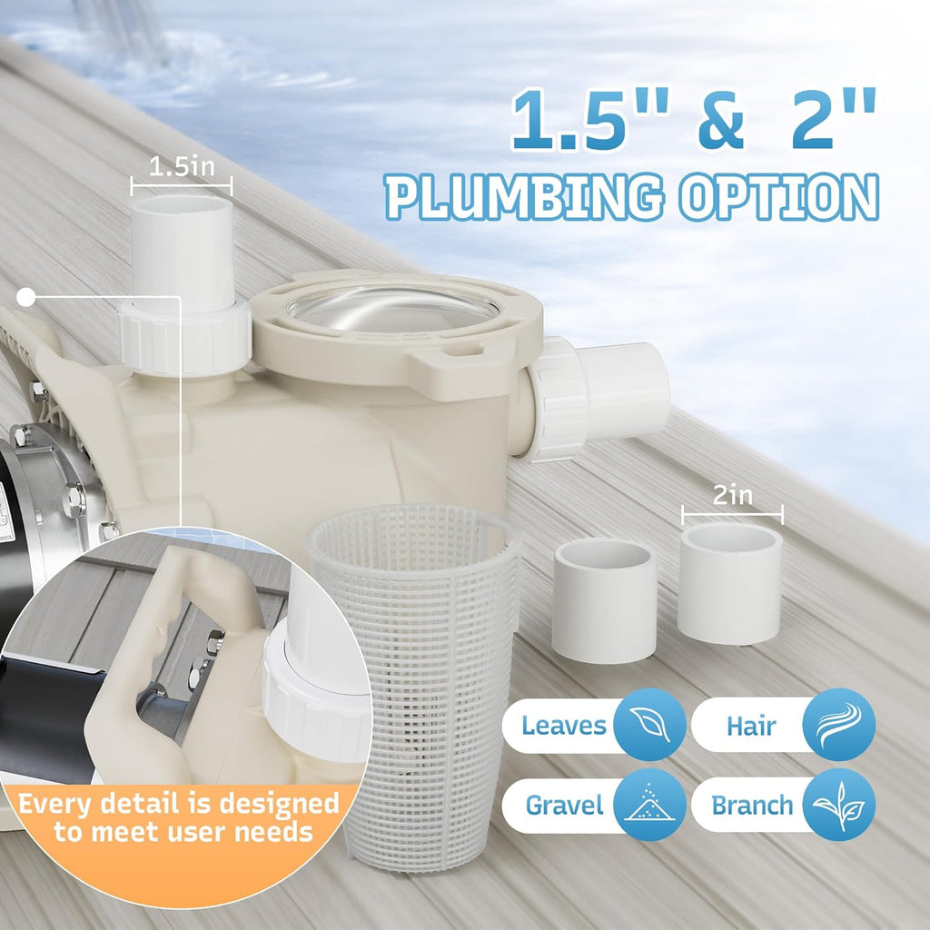 Single Speed Pool Pump 1.5HP, 115/208-230V, 6340GPH, In/Above Pool Pump, Low Nosie, High Flow, Powerful Self Primming Swimming Pool Pumps Inground with 2'/1.5' Fittings - 2 Year Warranty